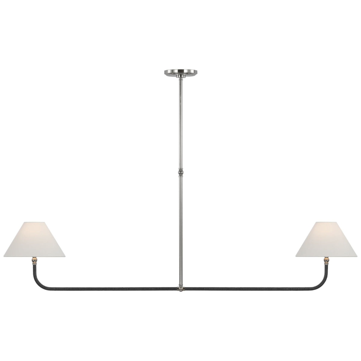 Chapman & Myers Basden Extra Large Linear Chandelier in Polished Nickel and Black Rattan with Linen Shades W11" x 63"