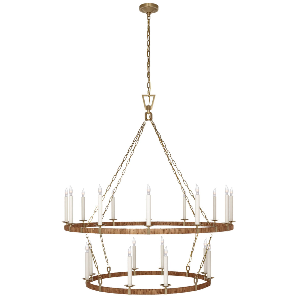 Chapman & Myers Darlana Extra Large Two Tier Chandelier in Antique-Burnished Brass and Natural Rattan W52.25" x H59.75"