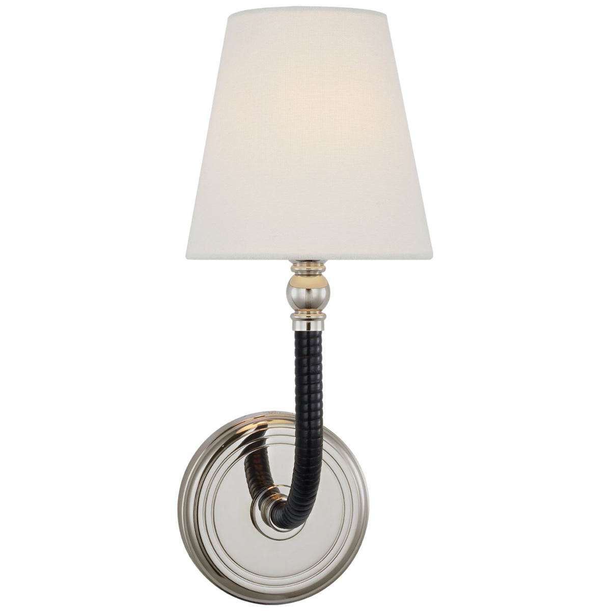 Chapman & Myers Basden Medium Sconce in Polished Nickel and Black Rattan with Linen Shade W5.5" x H14" x E6.5"