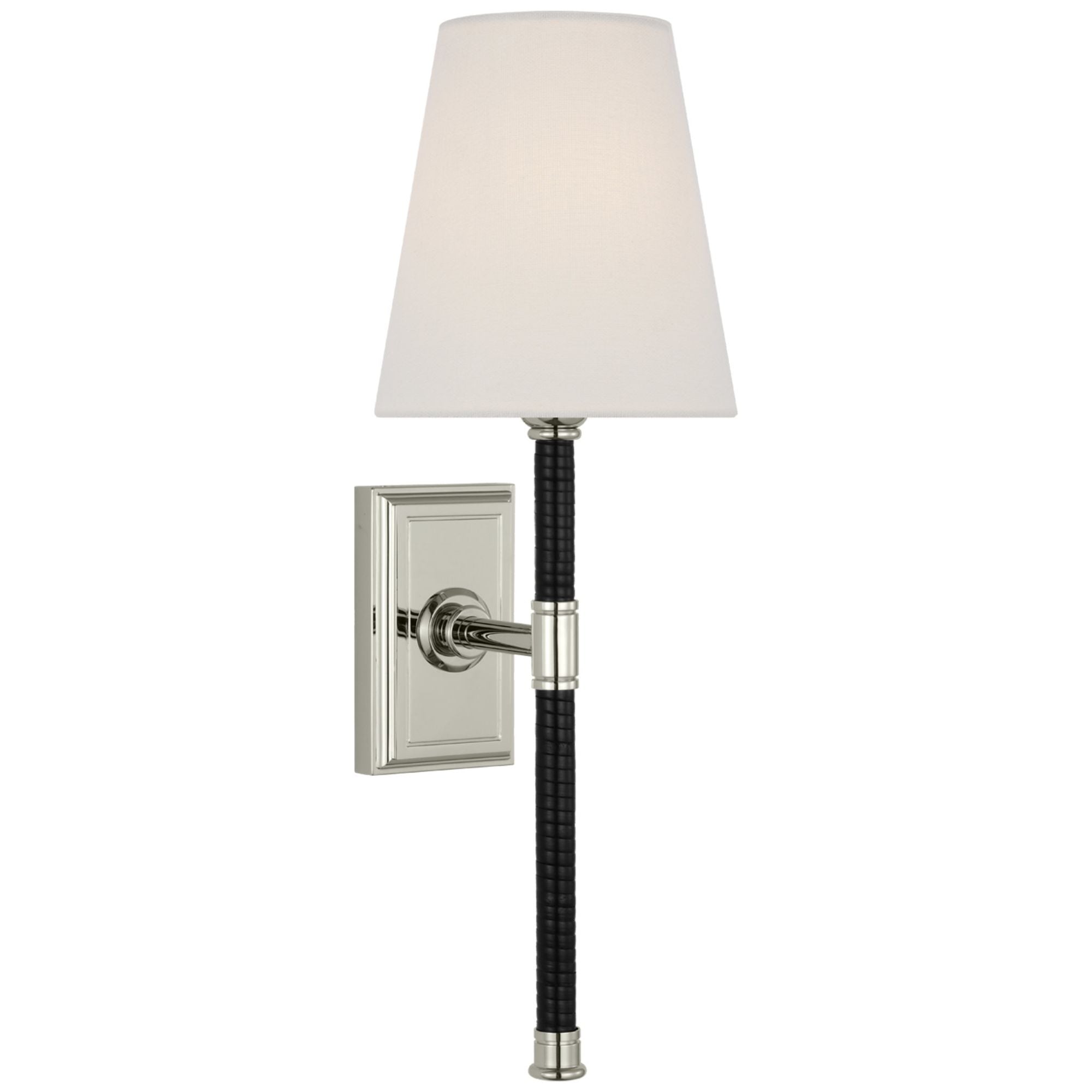 Chapman & Myers Basden 16" Tail Sconce in Polished Nickel and Black Rattan with Linen Shade Wall Light W5.5" x H16.25"