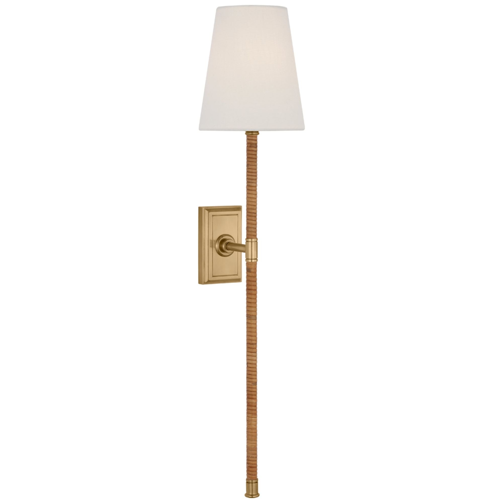 Chapman & Myers Basden 29" Tail Sconce in Antique-Burnished Brass and Natural Rattan with Linen Shade Wall Light W6" x H28.5"