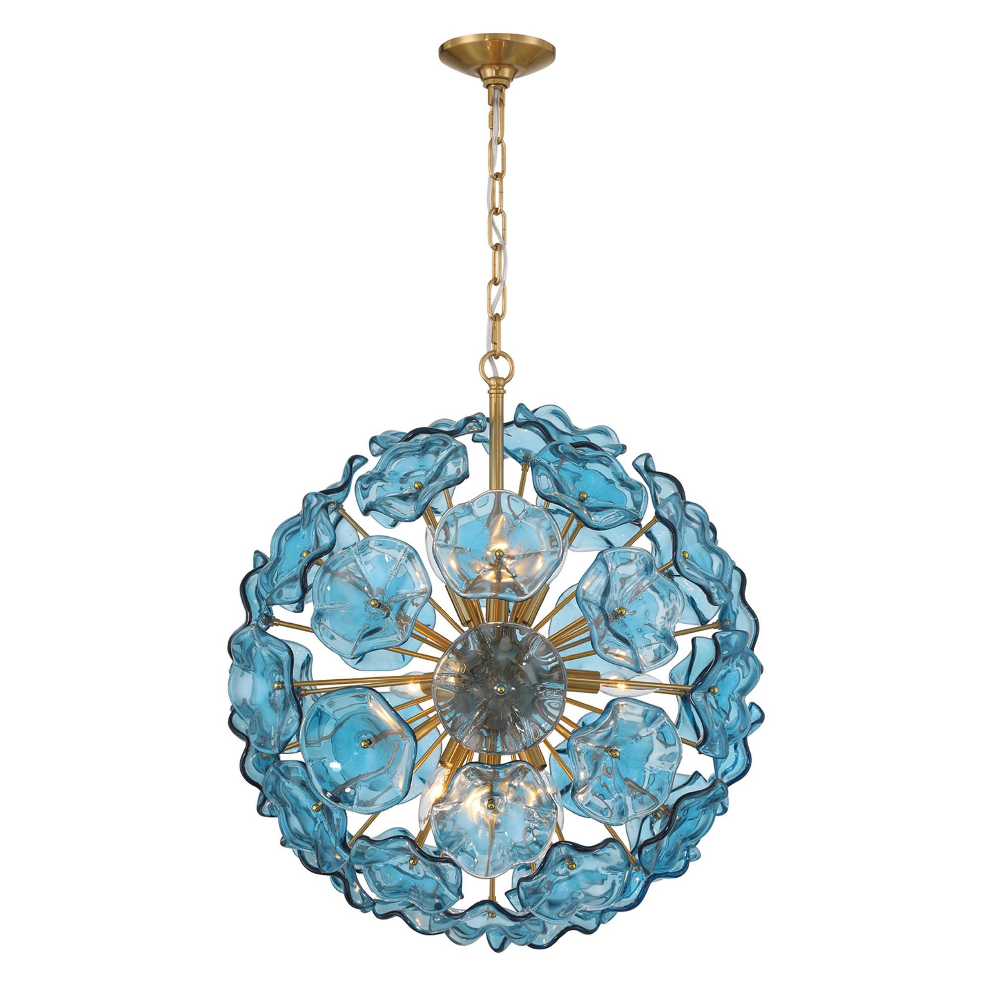 Esme 9 Light Aged Brass Pendant Floral Glass Petals Blue 22.5"W x 25.25"H x 22.5"D