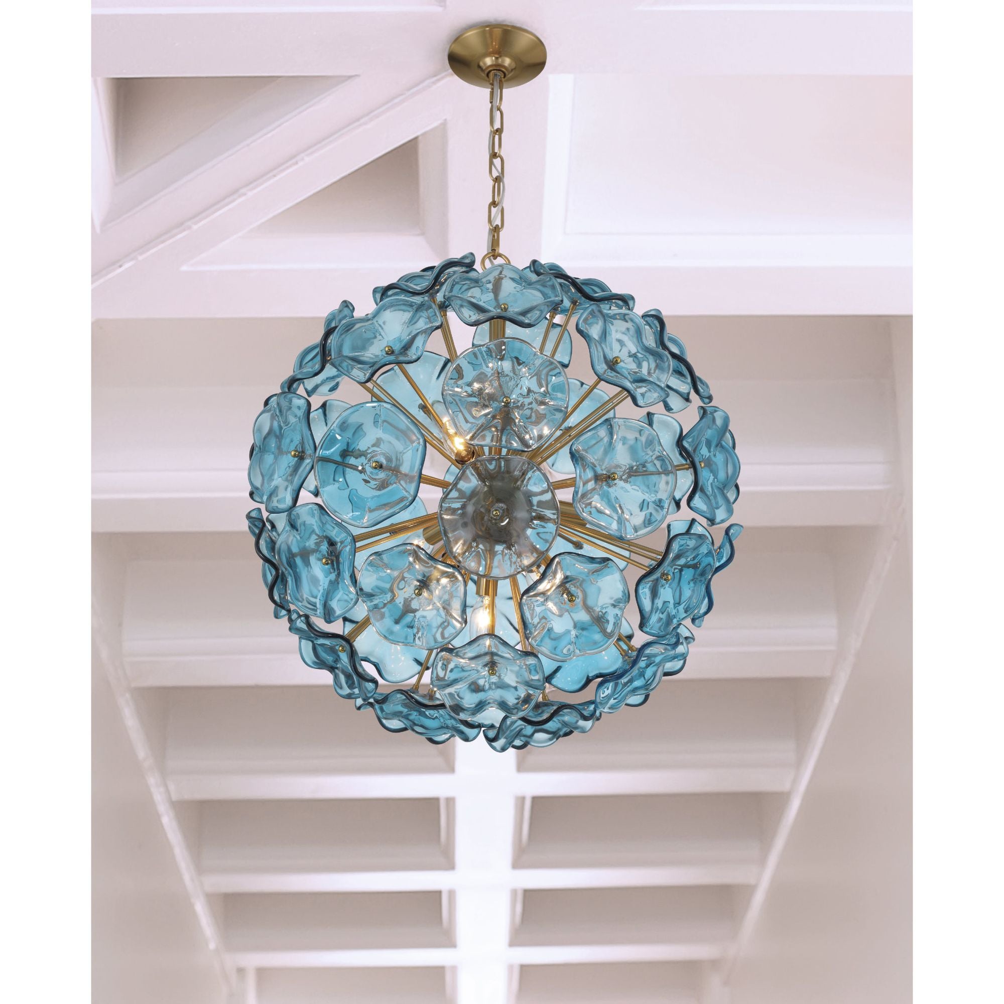 Esme 9 Light Aged Brass Pendant Floral Glass Petals Blue 22.5"W x 25.25"H x 22.5"D