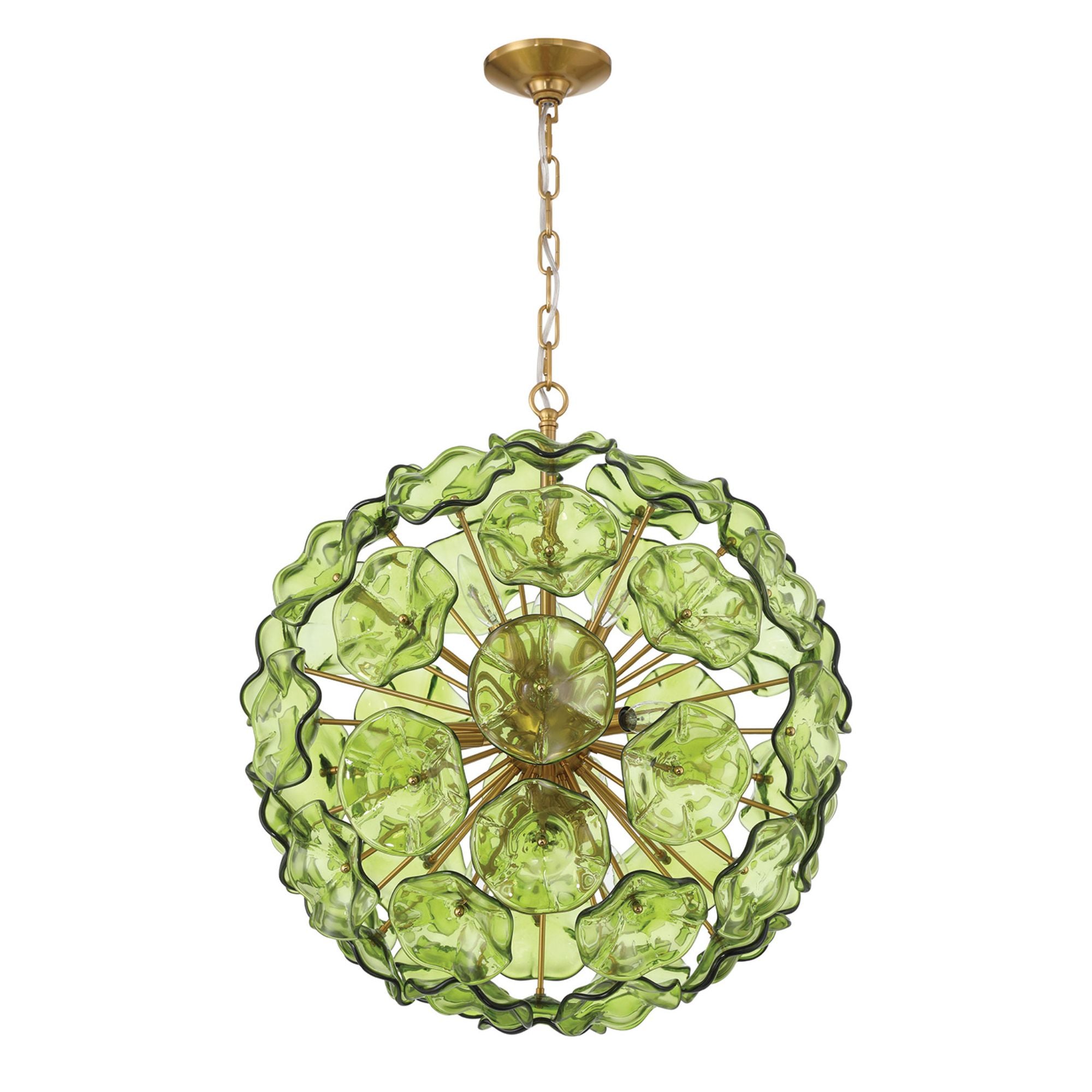 Esme 9 Light Aged Brass Pendant Floral Glass Petals Green 22.5"W x 25.25"H x 22.5"D