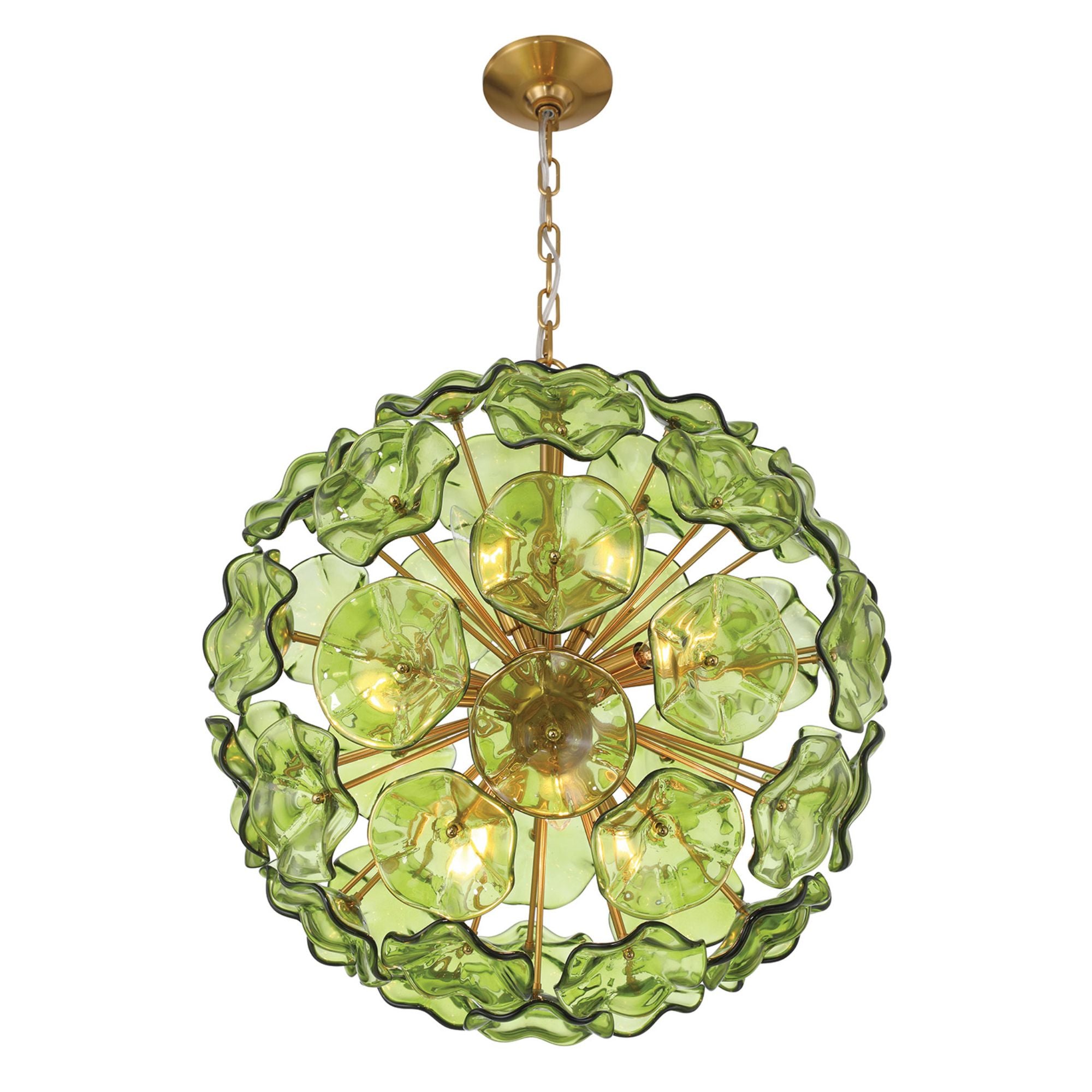 Esme 9 Light Aged Brass Pendant Floral Glass Petals Green 22.5"W x 25.25"H x 22.5"D