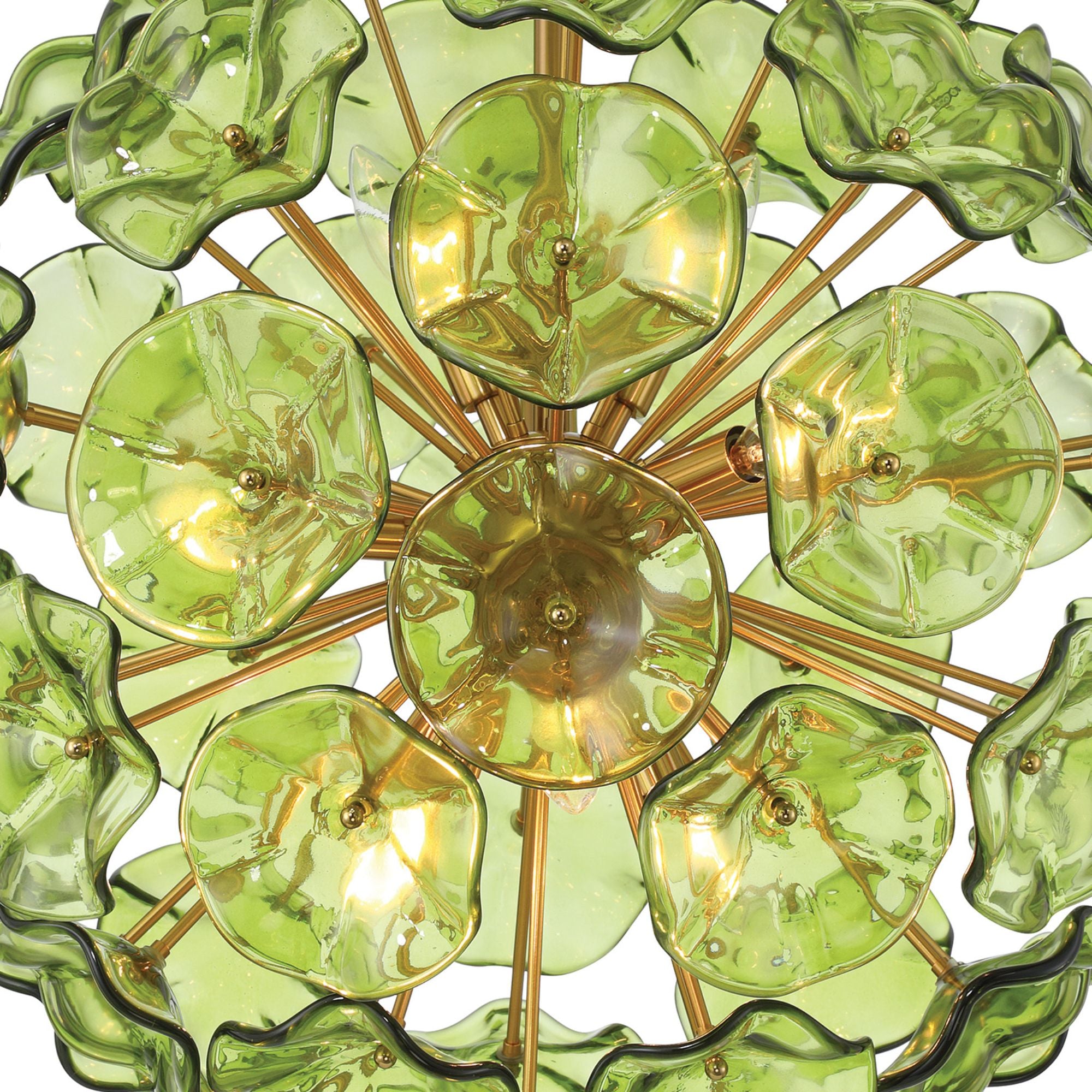 Esme 9 Light Aged Brass Pendant Floral Glass Petals Green 22.5"W x 25.25"H x 22.5"D