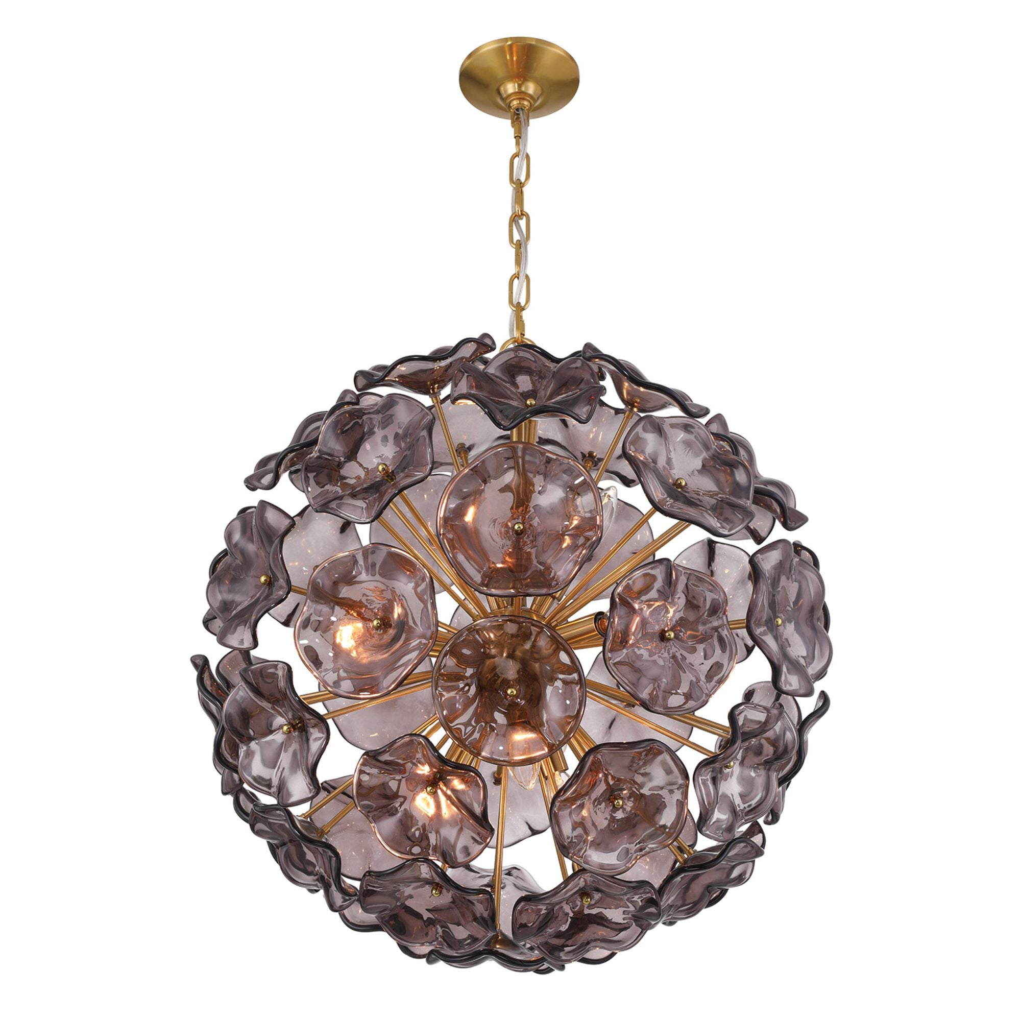 Esme 9 Light Aged Brass Pendant Floral Glass Petals Smoked 22.5"W x 25.25"H x 22.5"D