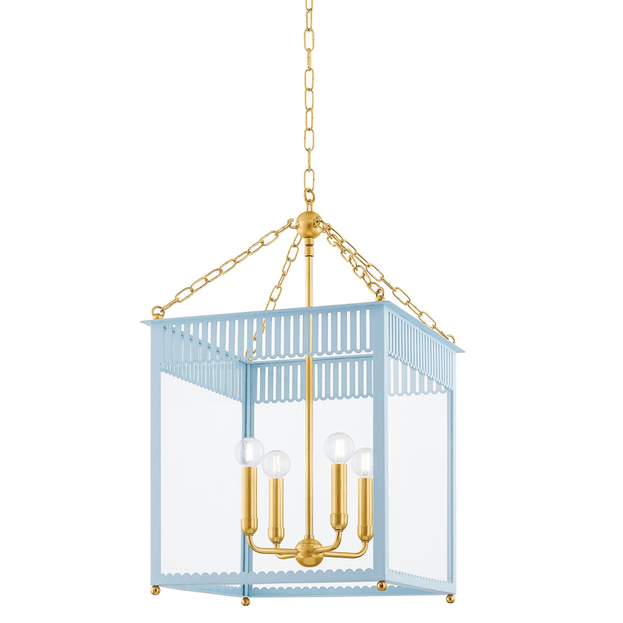 ROSALIE 4-Light Lantern in Aged Brass/Soft Arctic Blue 17.25L x 17.25W
