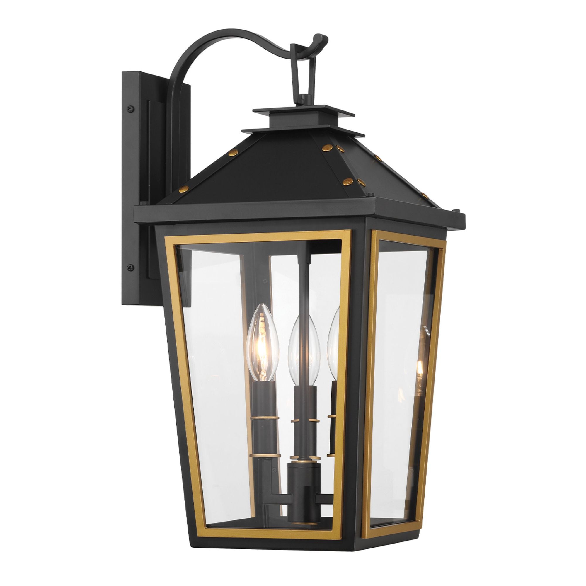 Hawkins 3 Light Matte Black + Textured Gold Outdoor Sconce Clear Glass 9.5"W x 19.5"H x 11.5"D