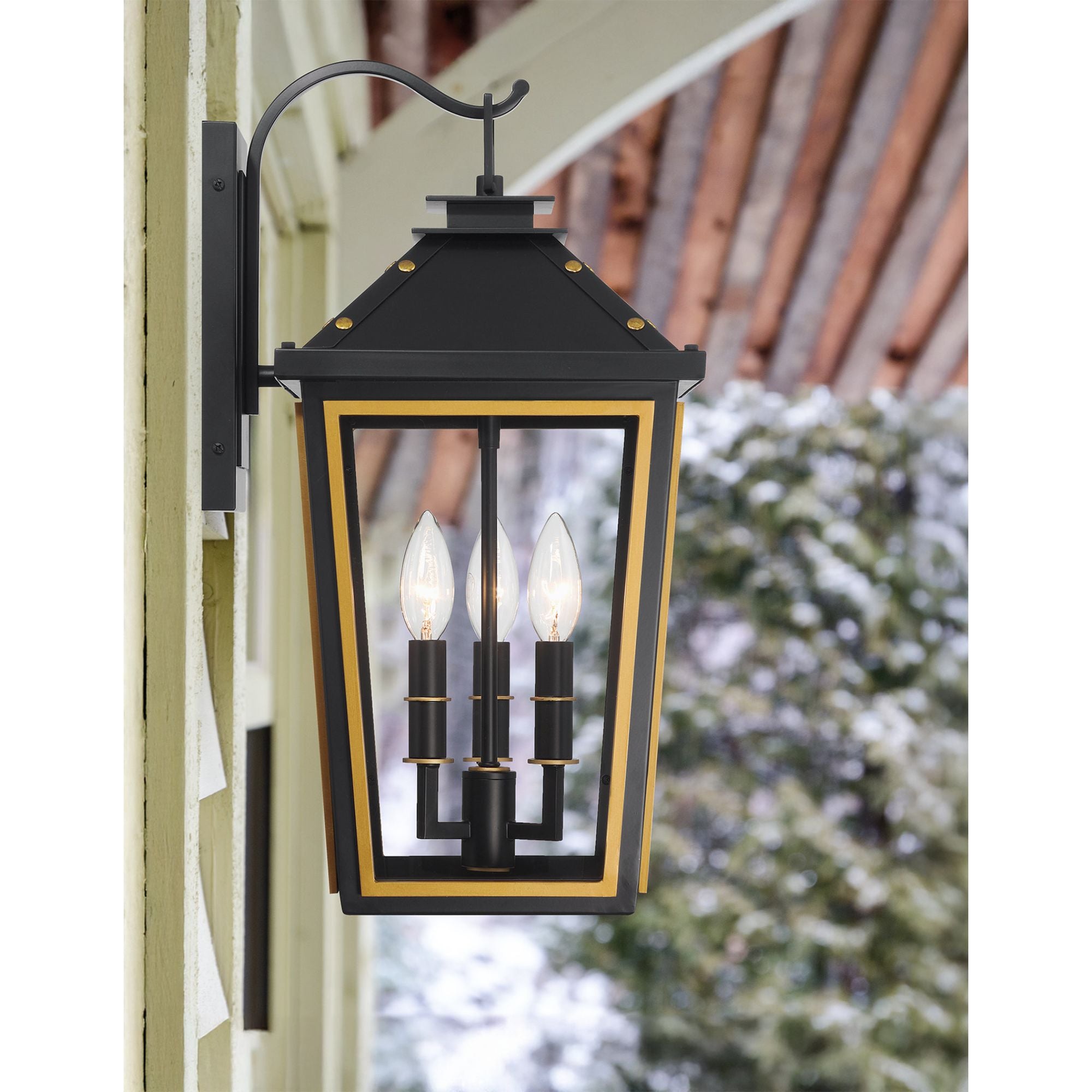 Hawkins 3 Light Matte Black + Textured Gold Outdoor Sconce Clear Glass 9.5"W x 19.5"H x 11.5"D