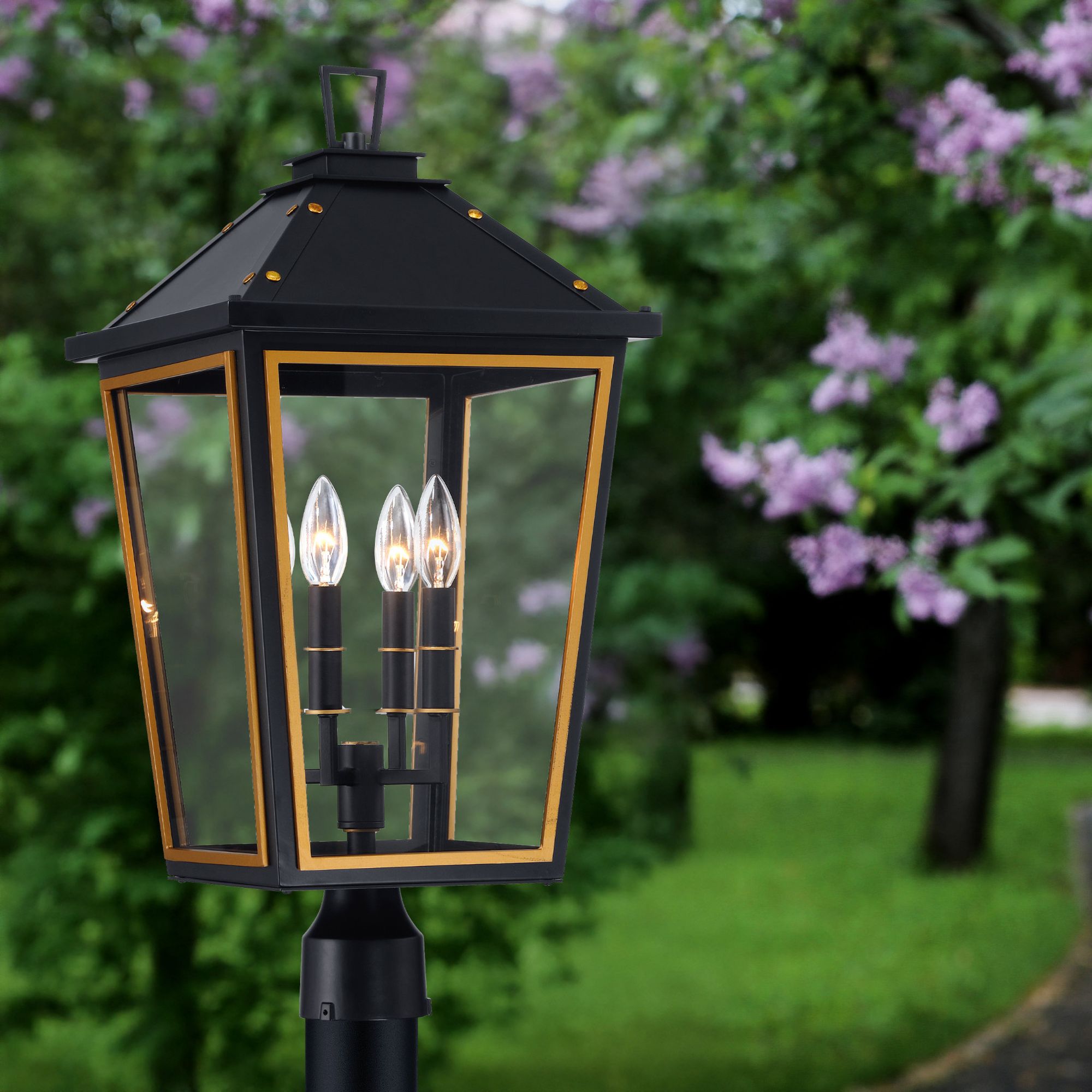 Hawkins 4 Light Matte Black + Textured Gold Outdoor Post Clear Glass 12"W x 25"H x 12"D