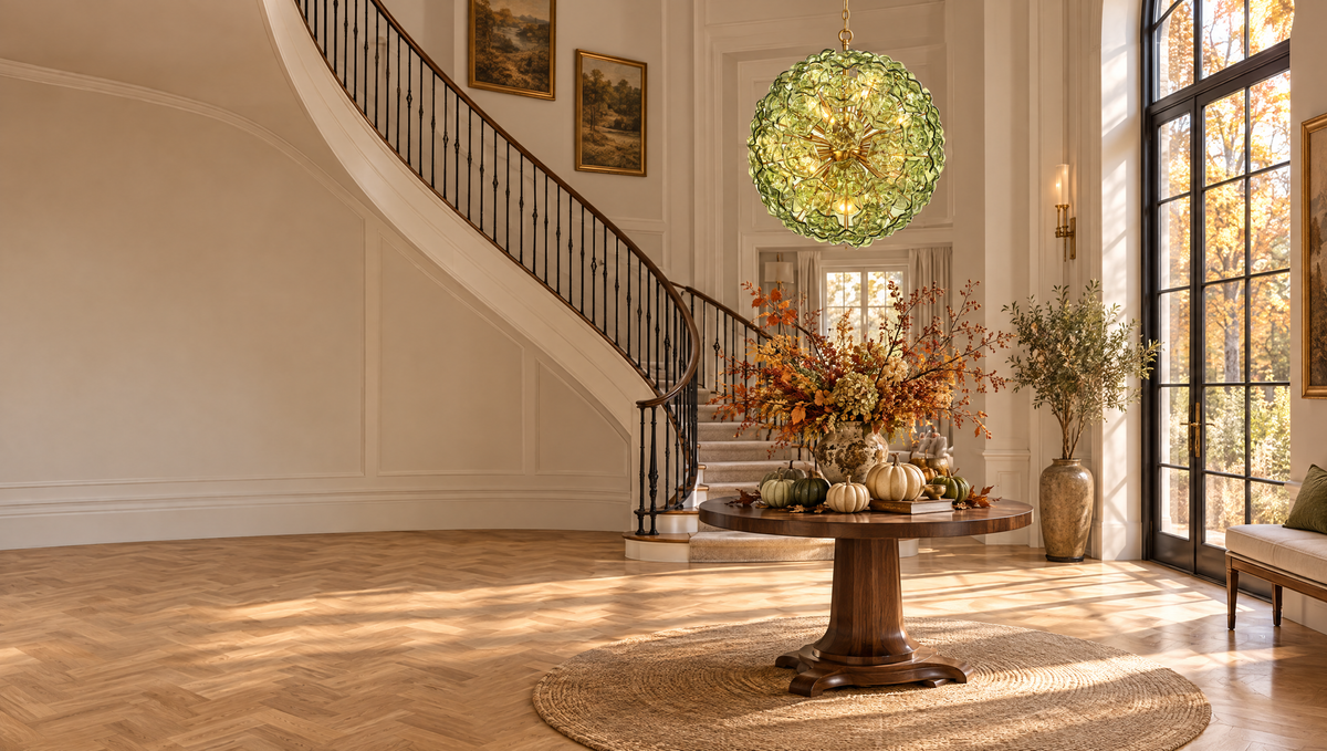 Autumn entry foyer with the Crystorama Esme chandelier in Aged Brass with green glass
