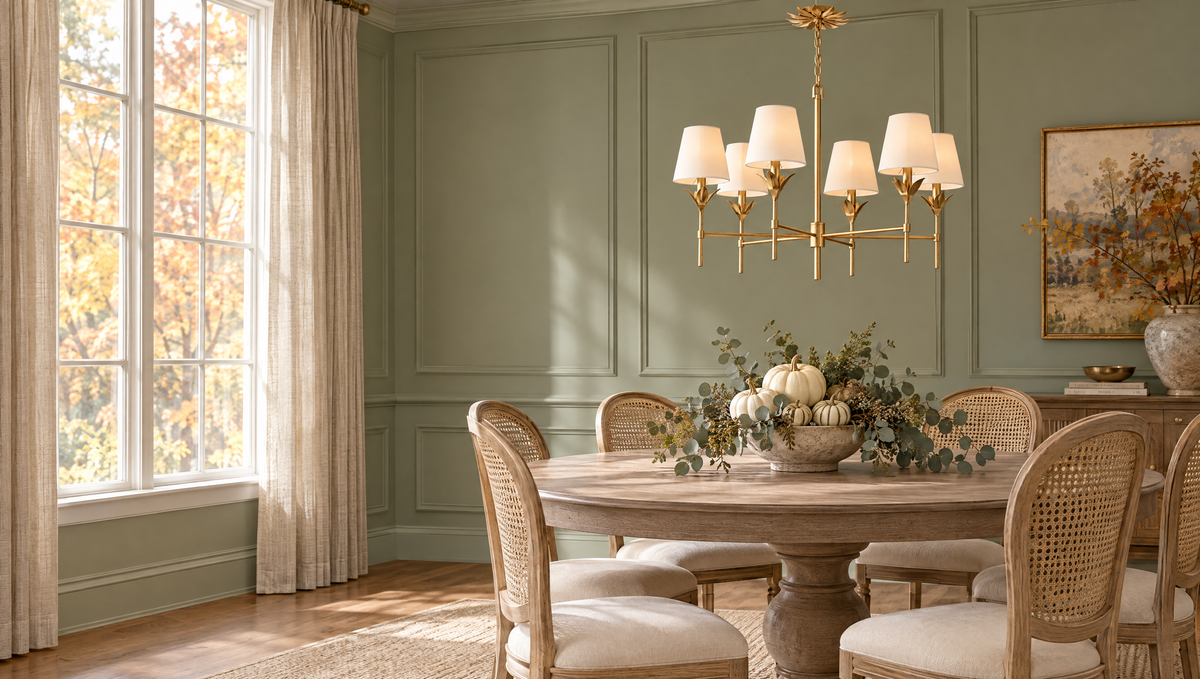 Sage dining room lit by the Crystorama Broche 32 inch chandelier in antique gold