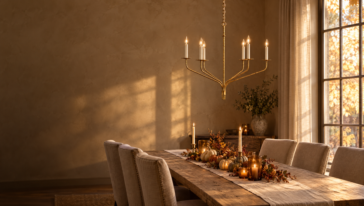 Autumn dining room with a gilded iron Ian K. Fowler Belfair chandelier over a rustic oak table