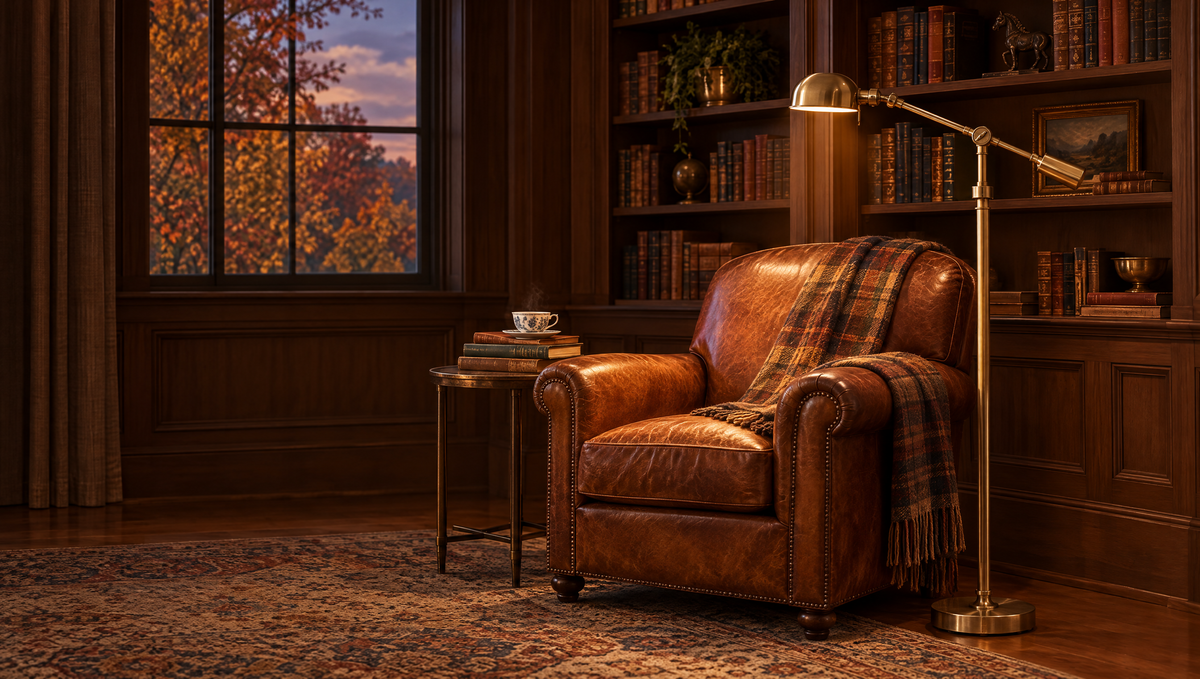 Library reading corner with a leather club chair and a brass boom arm floor lamp