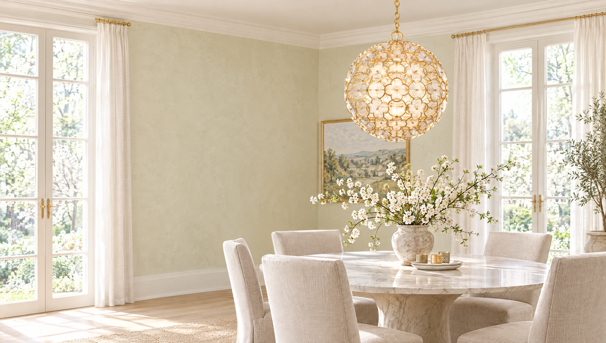 AERIN Serliana chandelier in gild over a marble dining table
