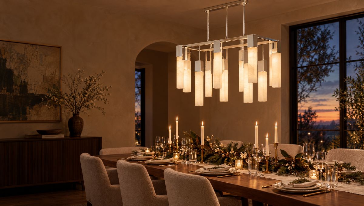 Holiday dinner table under a Kelly Wearstler Covet alabaster chandelier in polished nickel