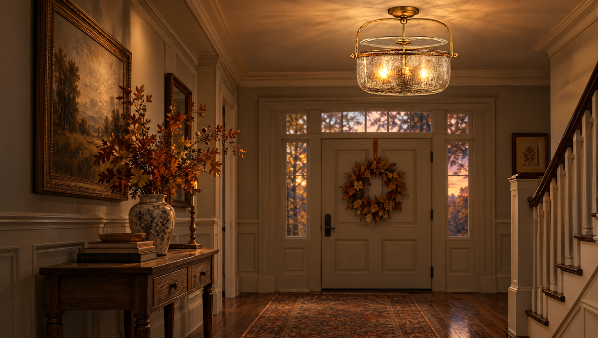 Entry hall with an autumn wreath under a Lorford mercury glass semi-flush lantern in gilded iron