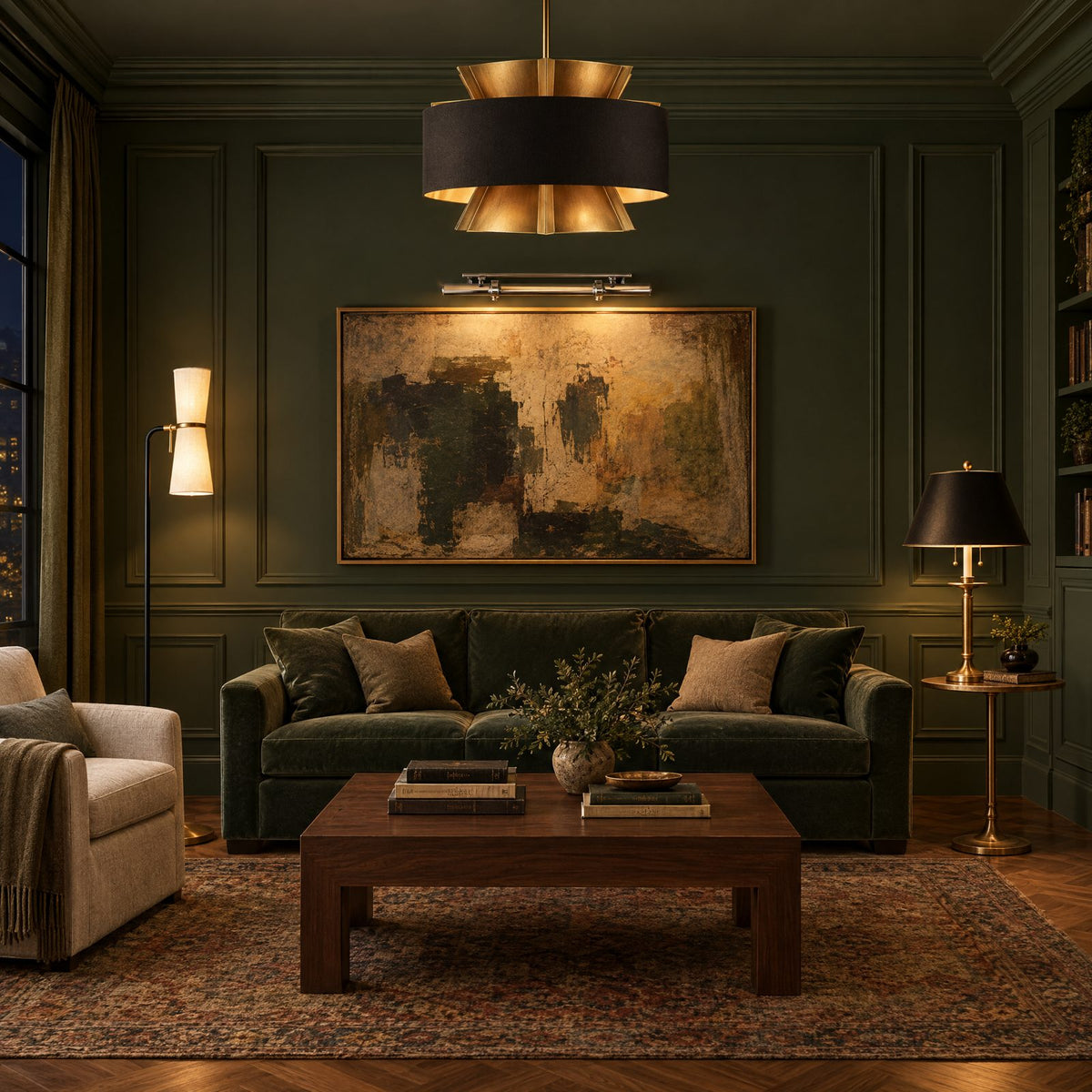 Shop the look: Layered living room with a Currey Oxenwood brass and black chandelier, AERIN Clarkson floor lamp, Dorchester club table lamp and a Dean picture light over artwork