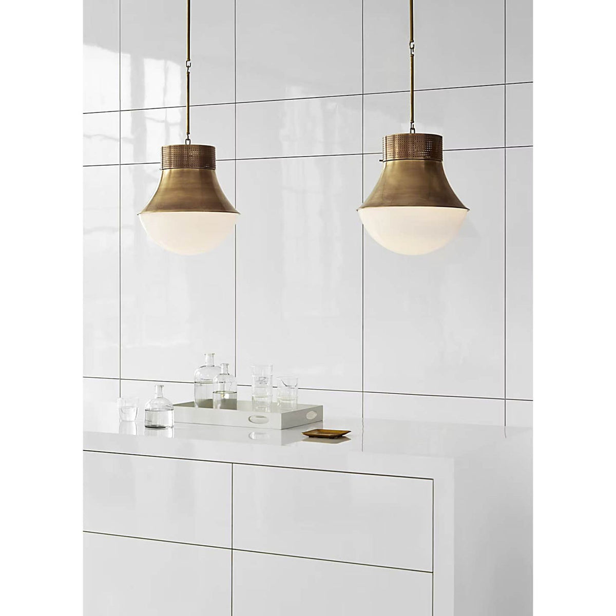 Kelly Wearstler Precision Large Pendant in Antique-Burnished Brass with White Glass W17"