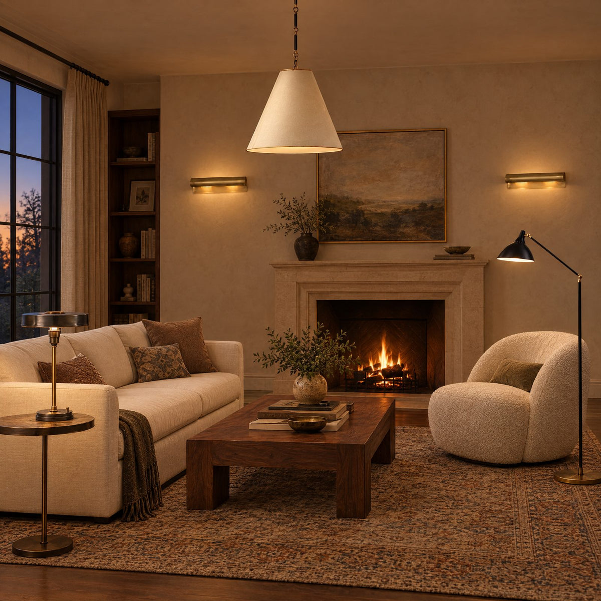 Shop the look: Designer living room lit by a Thomas O'Brien Goodman hanging light, Carlo table lamp, AERIN Charlton floor lamp and Hudson Valley Accord sconces flanking the fireplace