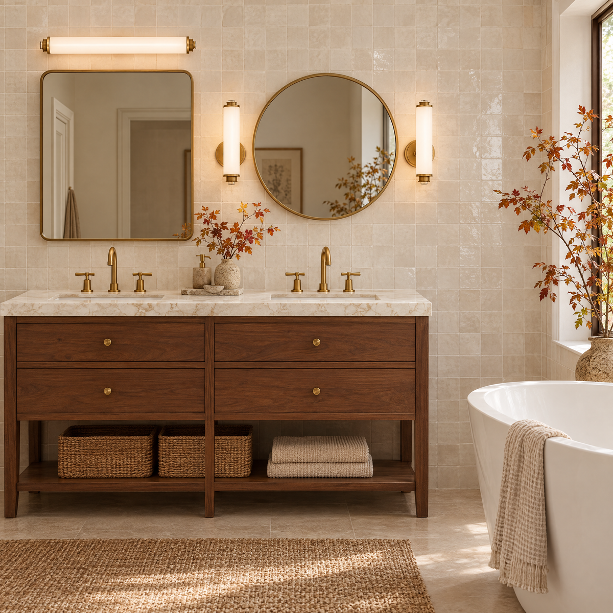 Bathroom with Marie Flanigan Percy linear and single bath sconces in soft brass