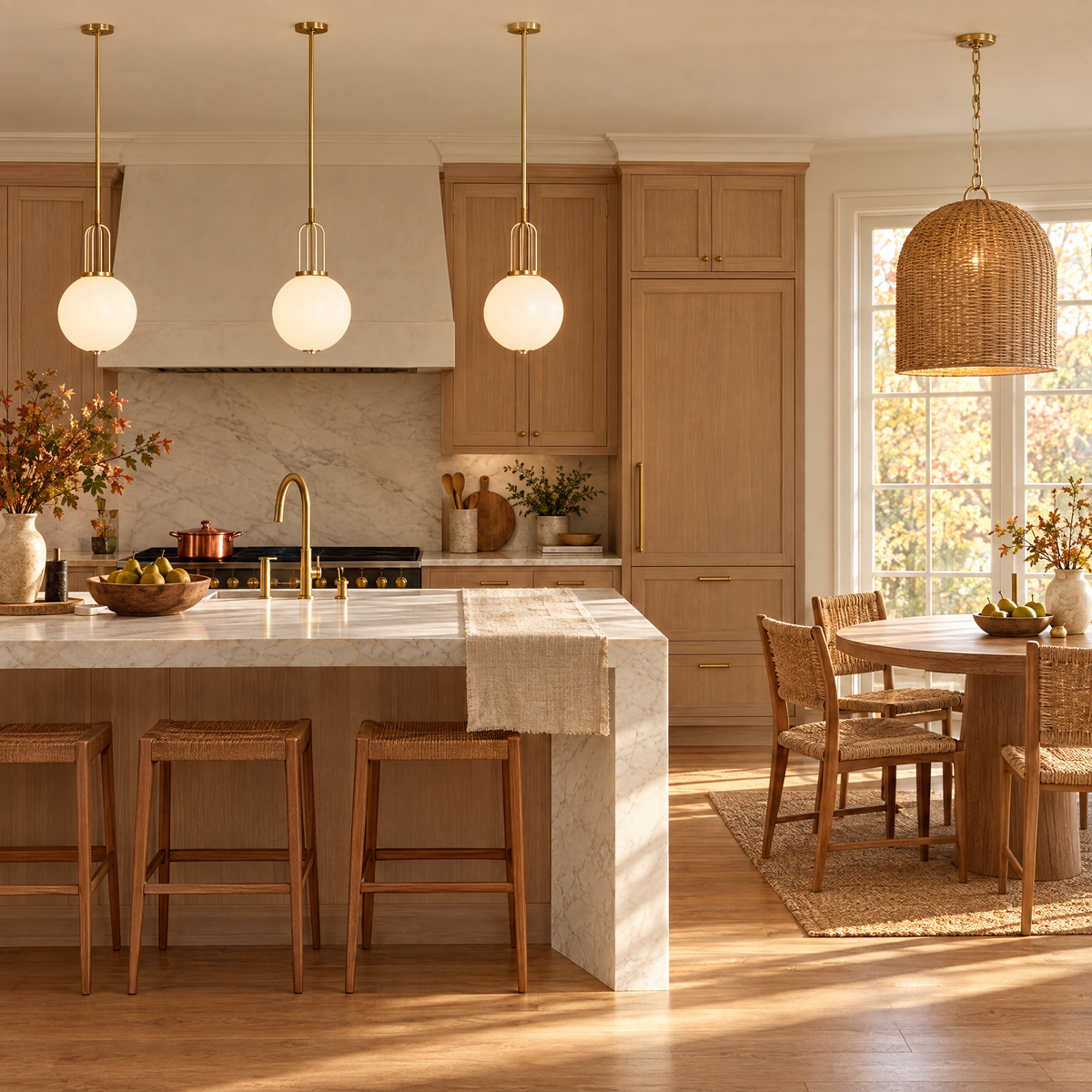 Kitchen with Marie Flanigan Meir pendants over the island and a Nancy woven hanging shade over the breakfast table