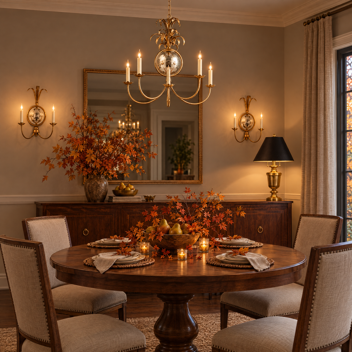 Autumn dining room with a Gramercy chandelier, Gramercy double sconces and a brass urn table lamp