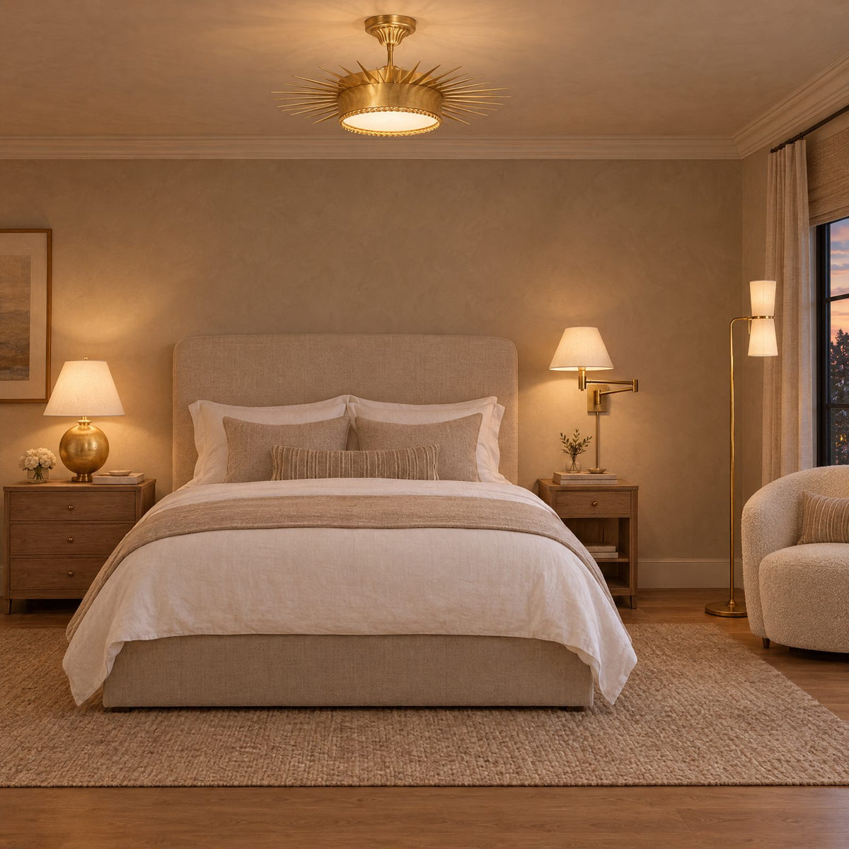 Shop the look: Luxury bedroom with a brass Suzanne Kasler Soleil semi-flush ceiling light, AERIN Morton gilded table lamp, brass swing-arm wall lamp and AERIN Clarkson floor lamp beside a reading chair