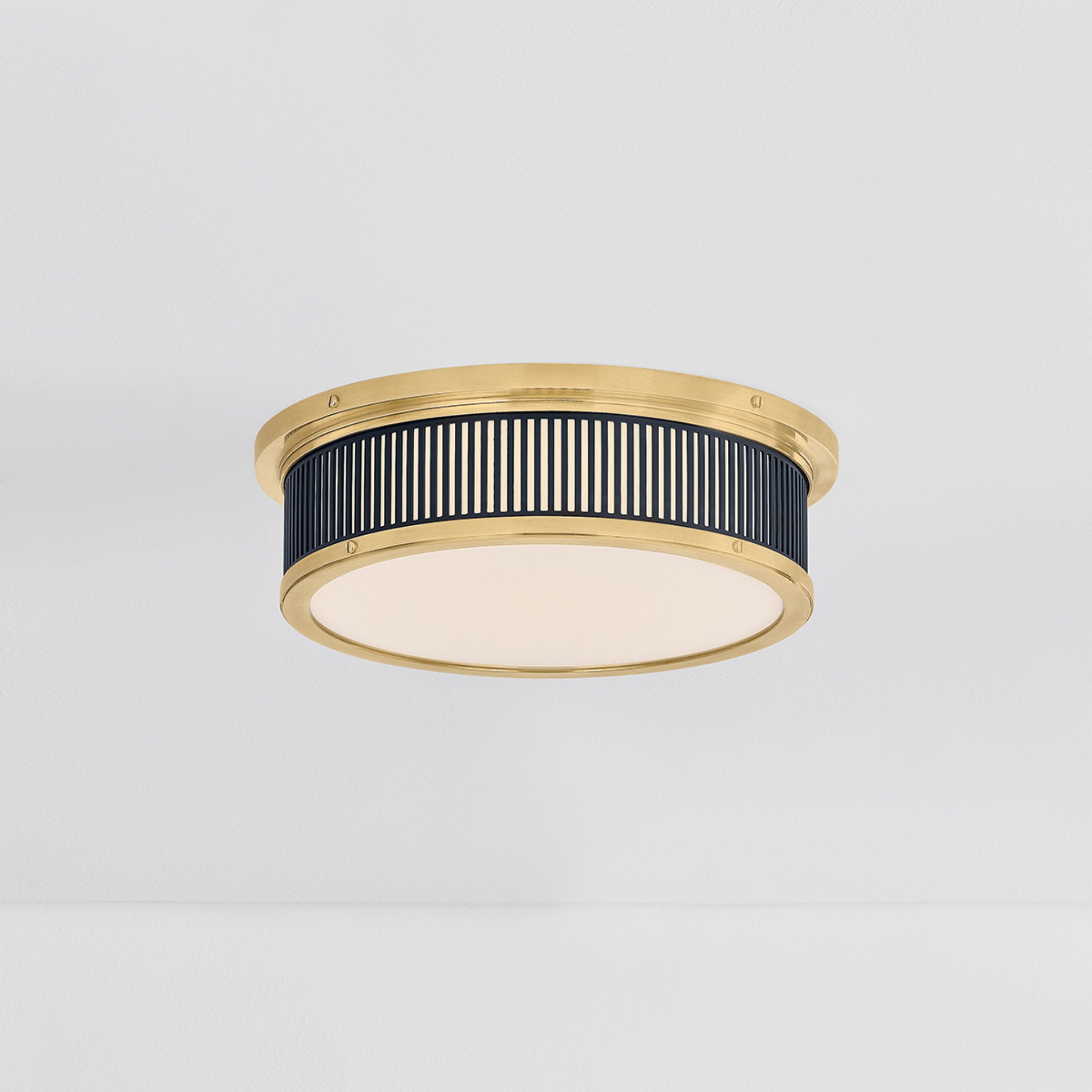 Ashdown 1-Light Flush Mount in Aged Brass by Mark D. Sikes 14W x 4H (Darkest Blue)
