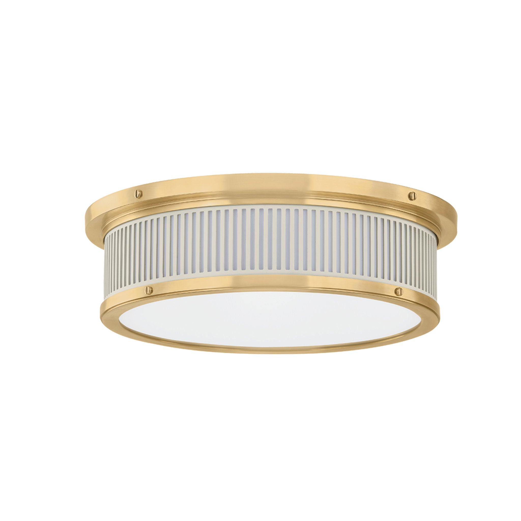 Ashdown 1-Light Flush Mount in Aged Brass by Mark D. Sikes 14W x 4H (Off-White)