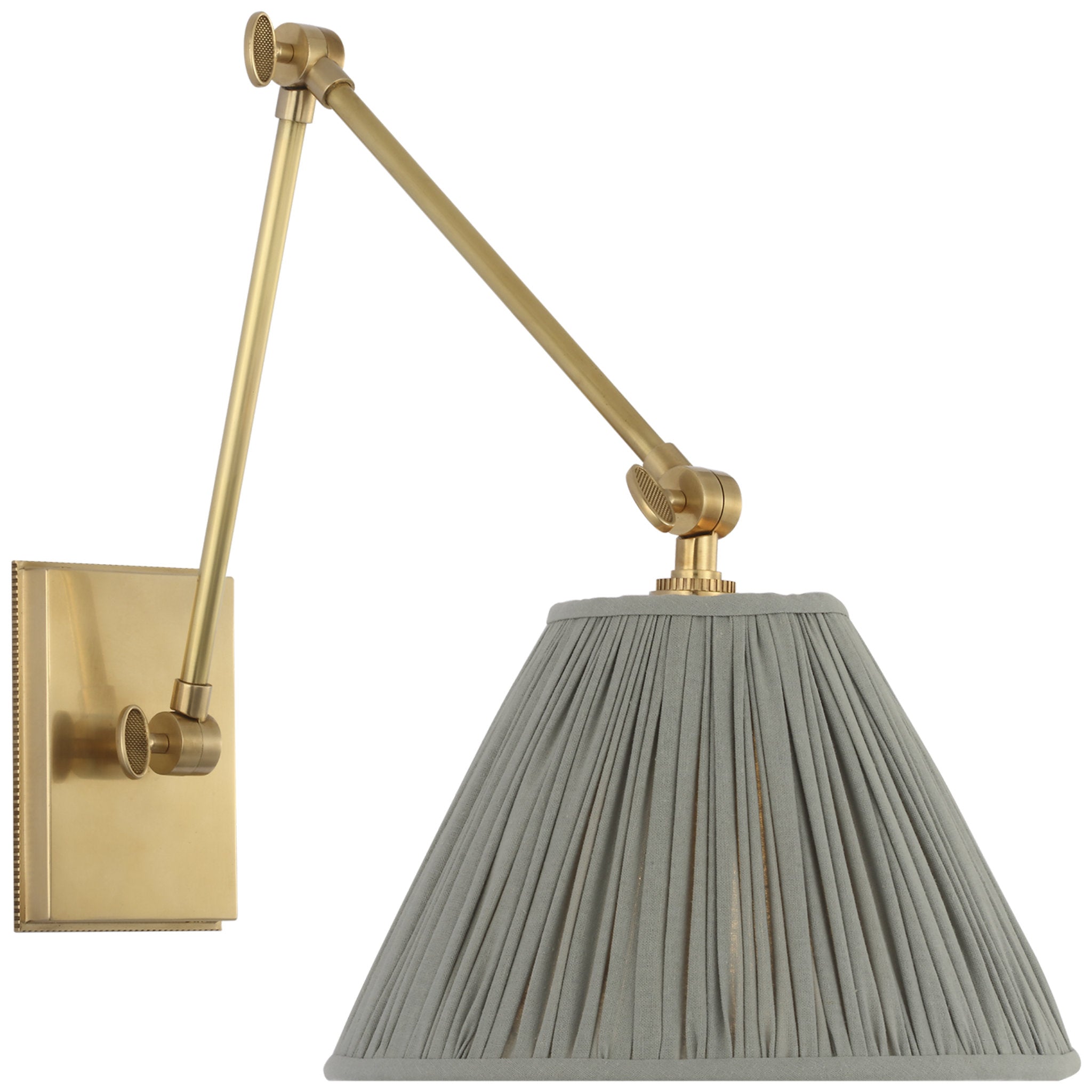 Marie Flanigan Wimberley Double Library Wall Light in Soft Brass with Blue Linen Pleated Shade W9" x H12.25" - 12.5"