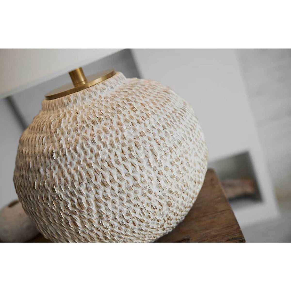 Marie Flanigan Avedon Small Table Lamp in Plaster White Rattan with Linen Shade W16" x H21.5"
