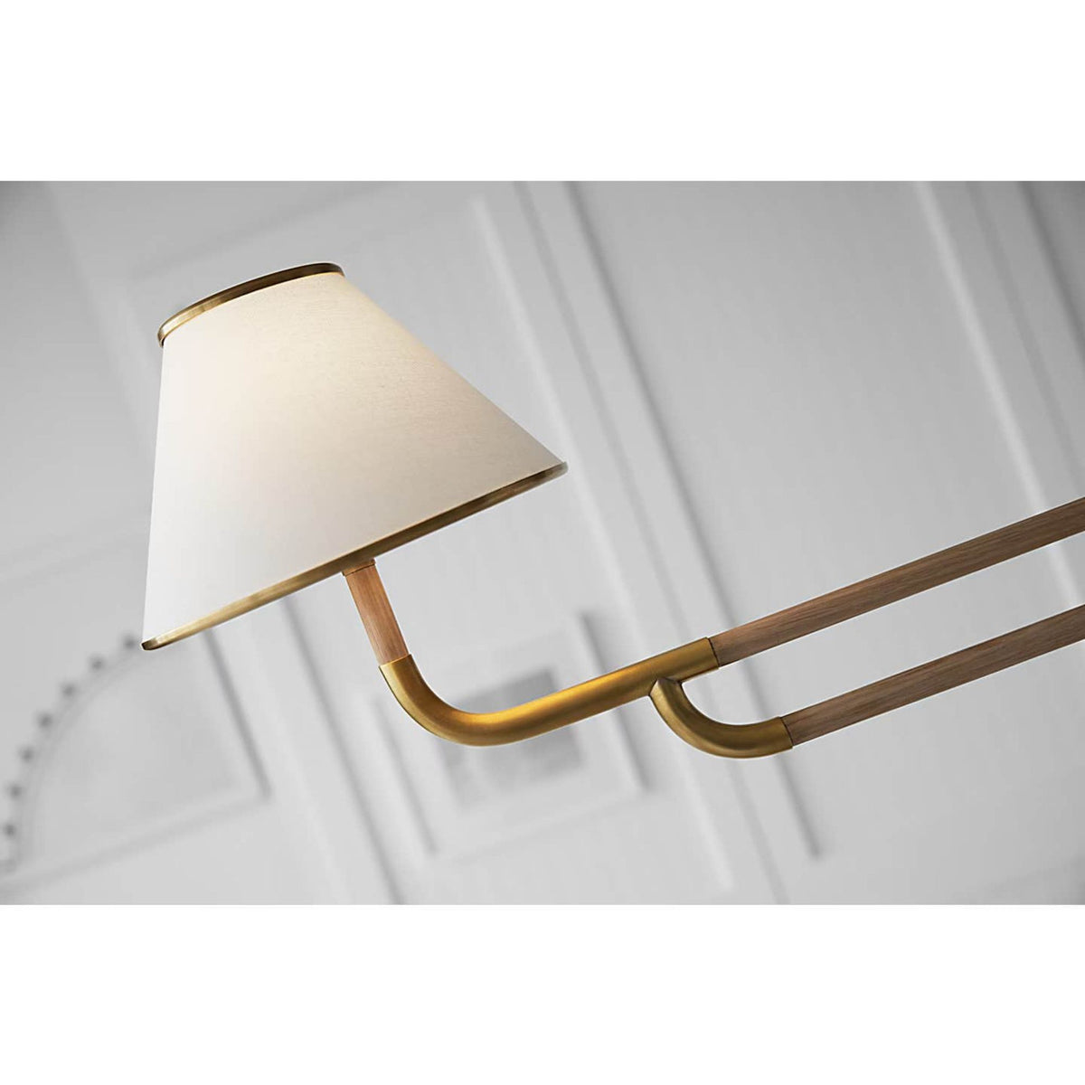 Marie Flanigan Rigby Large Linear Chandelier in Soft Brass and Natural Oak with Linen Shade W9.75" x 54.25"