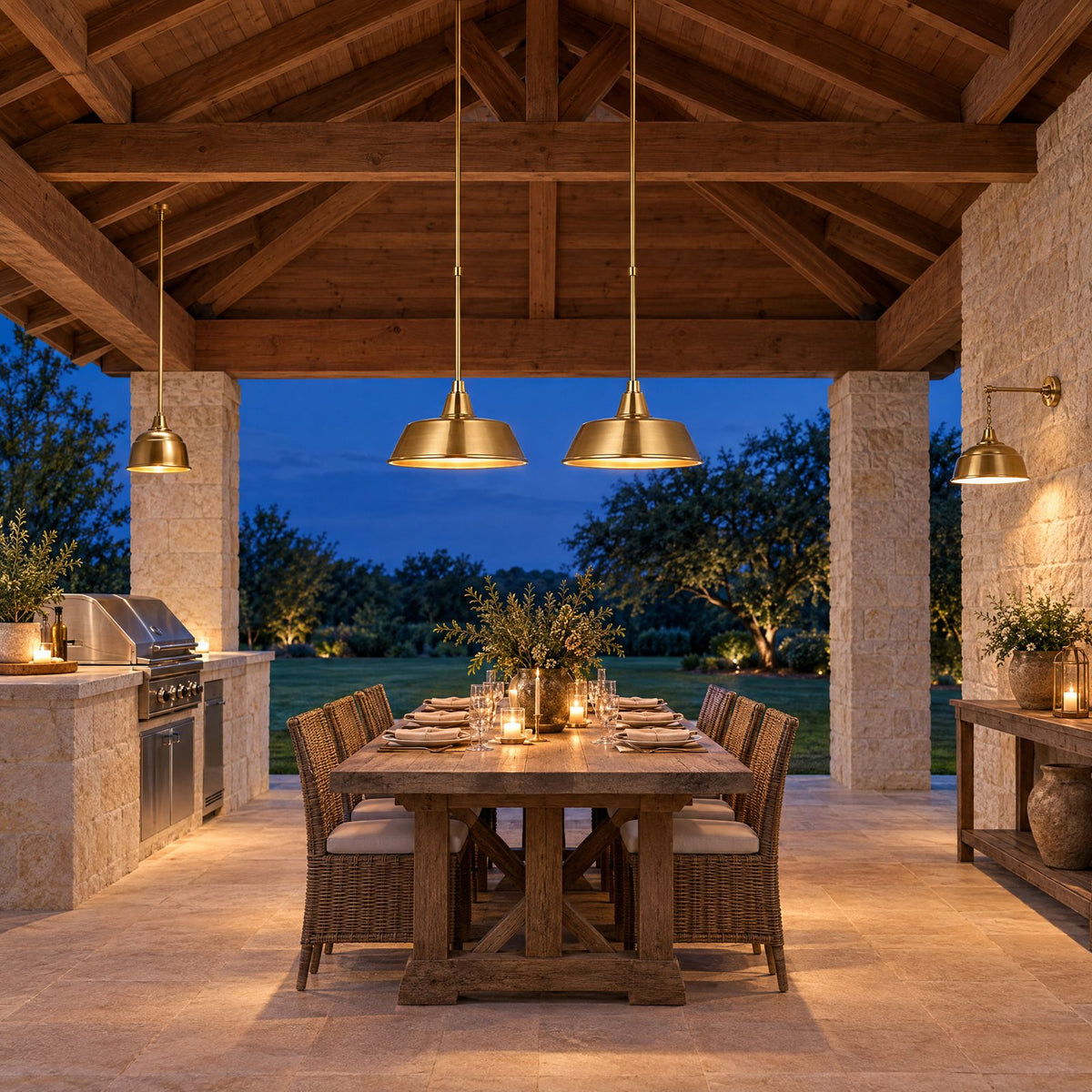 Shop the look: Outdoor kitchen and dining pavilion at dusk with brass pendants over the counter and farm table, a brass barn light by the grill, and bracketed sconces by the fire pit lounge