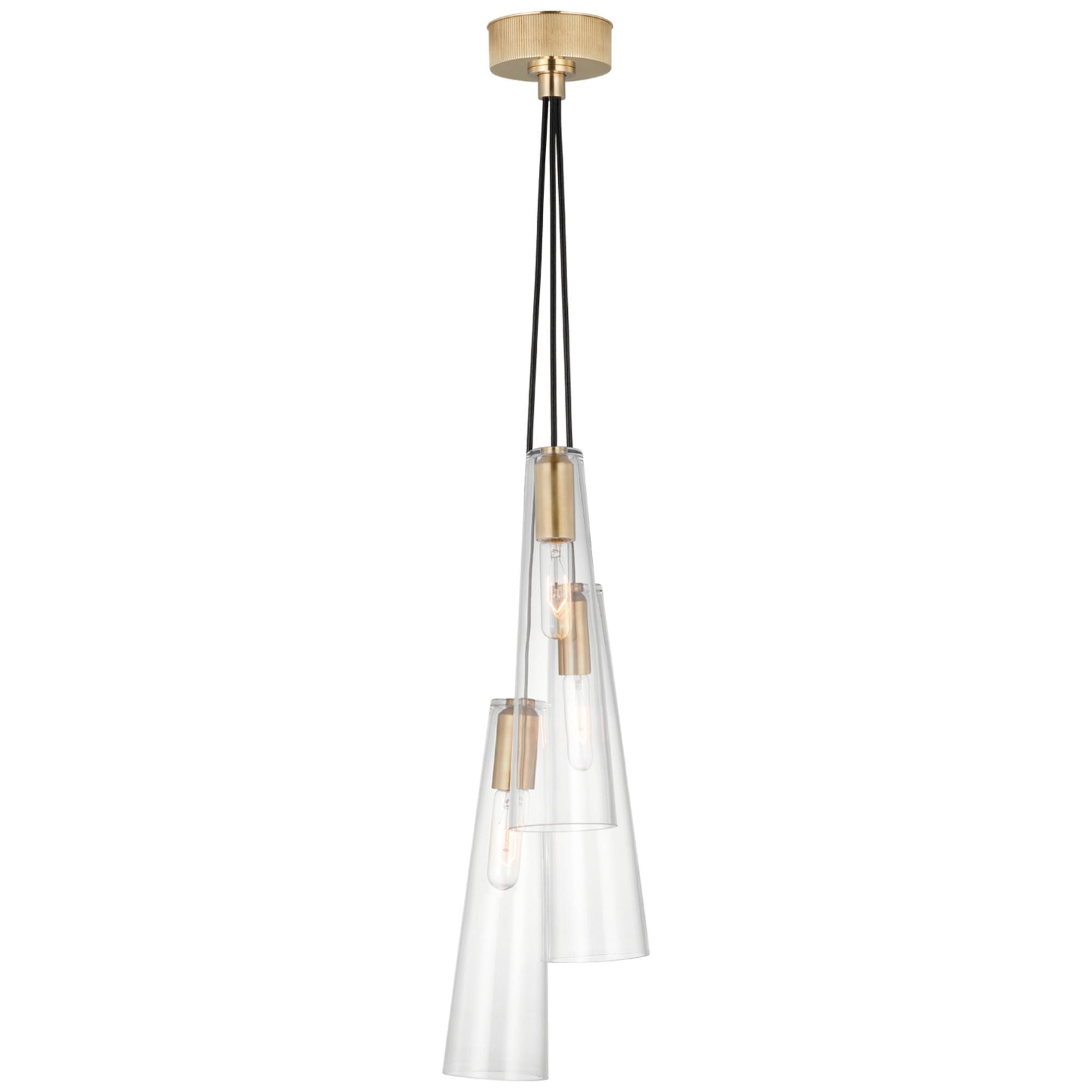 Ray Booth Osvaldo 4" Triple Pendant in Antique-Burnished Brass with Clear Glass Ceiling Light W9"