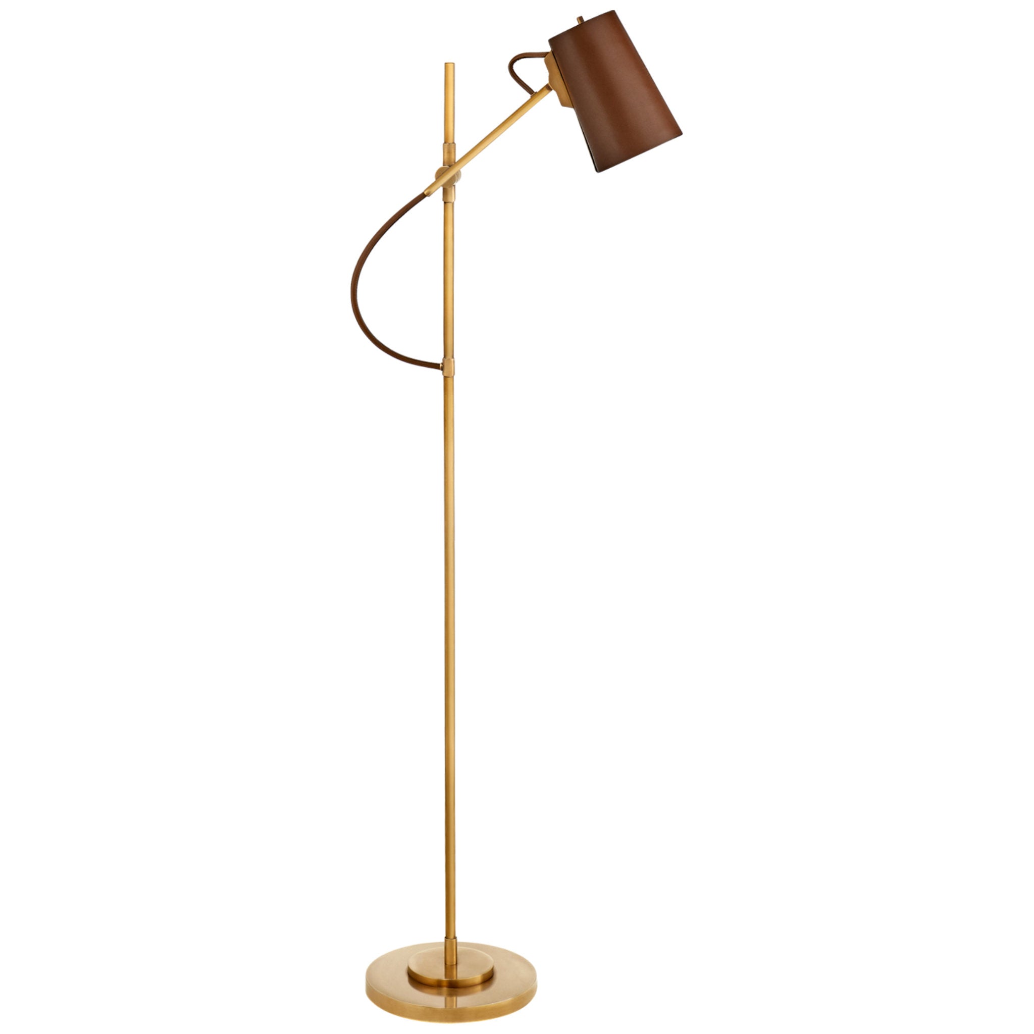 Ralph Lauren Benton Adjustable Floor Lamp in Natural Brass with Saddle Leather Shade W10" x H53.25"