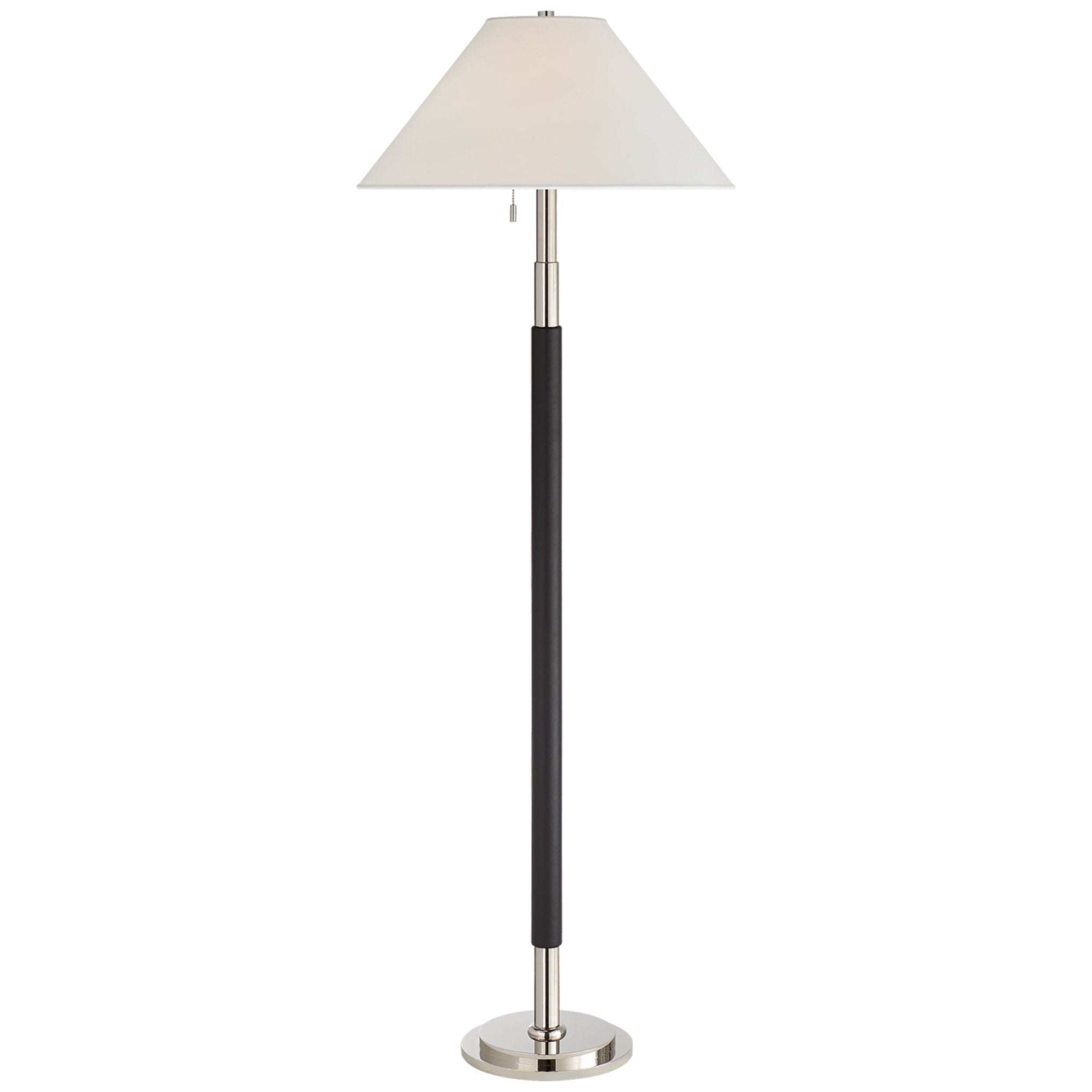 Ralph Lauren Garner Floor Lamp in Polished Nickel and Chocolate Leather with Percale Shade W22" x H54" - 70"