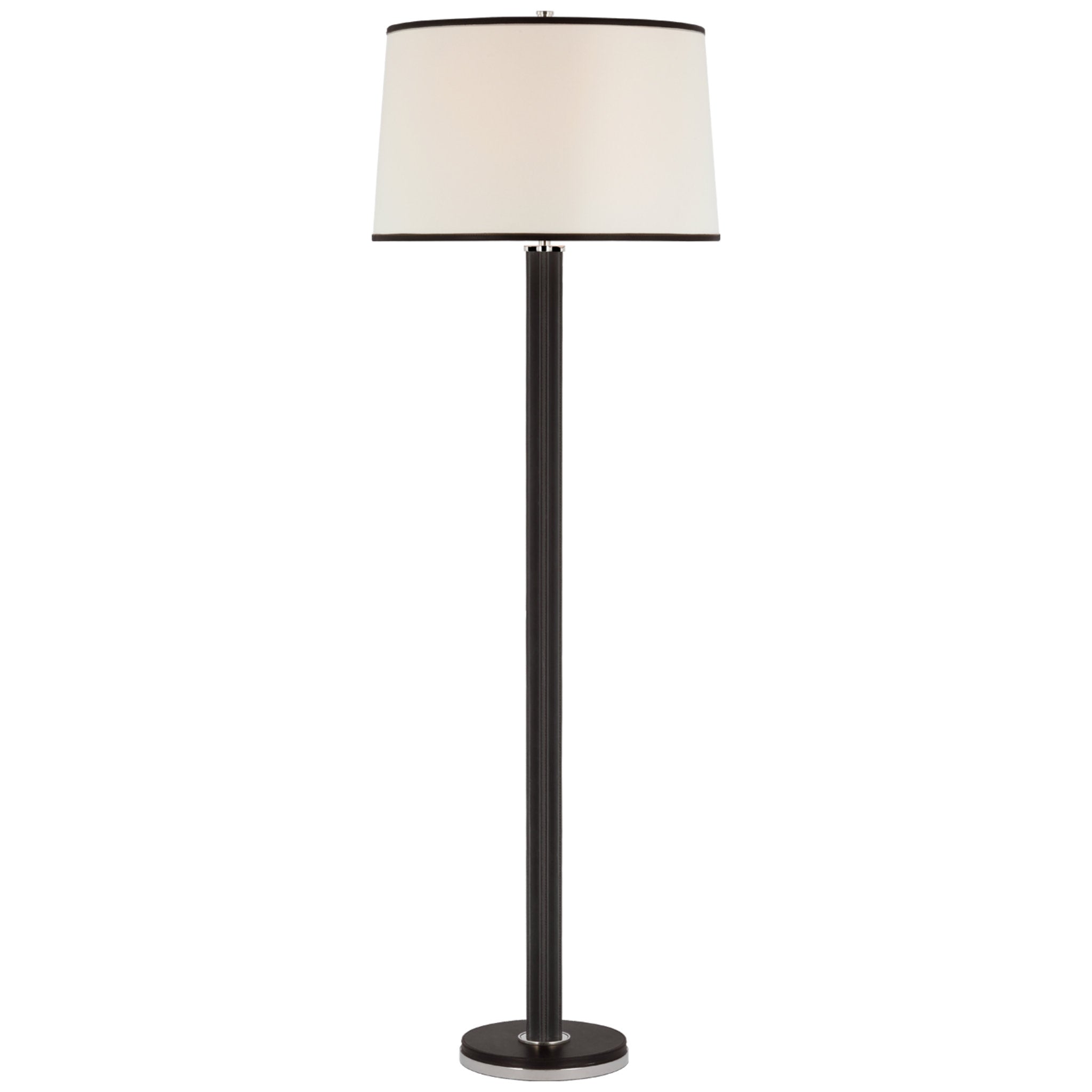 Ralph Lauren Riley Large Floor Lamp in Polished Nickel and Chocolate Leather with Leather Trimmed Linen Shade W22" x H66"