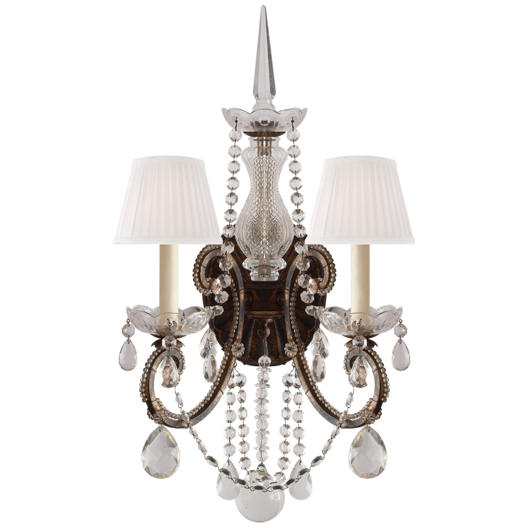 Ralph Lauren Adrianna Double Sconce in Antique Gild and Antiqued Crystal and Silk Shades Wall Light W14" x H25"