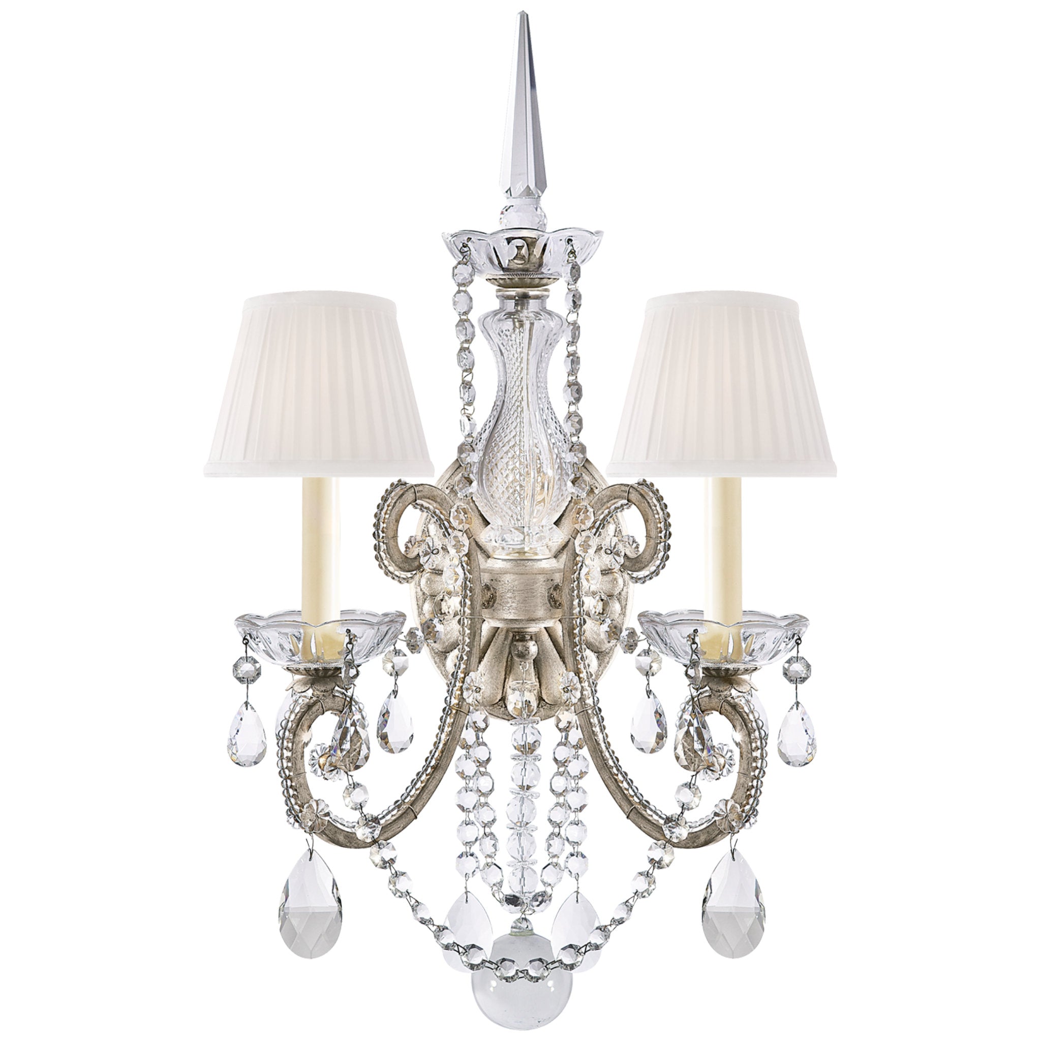 Ralph Lauren Adrianna Double Sconce in Antique Silver Leaf and Crystal with Silk Shades Wall Light W14" x H25"