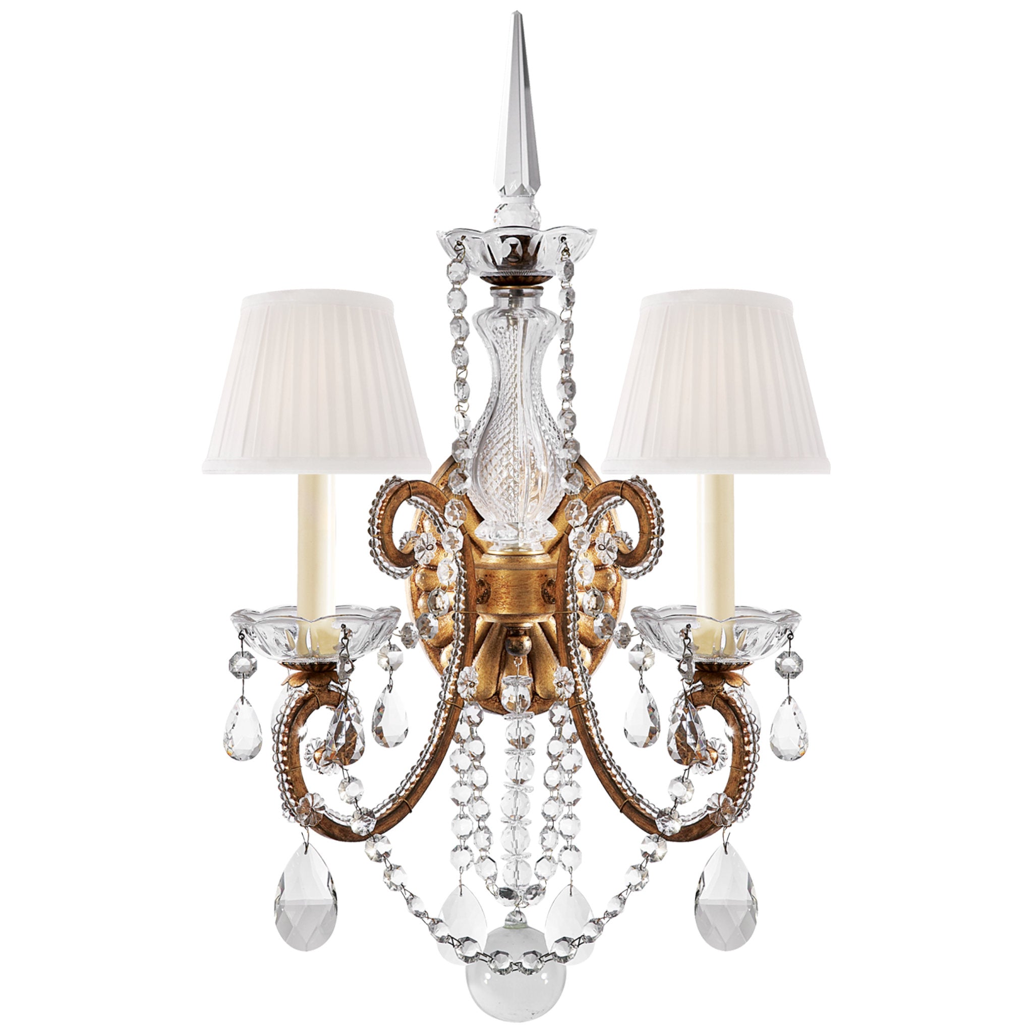 Ralph Lauren Adrianna Double Sconce in Gilded Iron and Crystal with Silk Shades Wall Light W14" x H25"