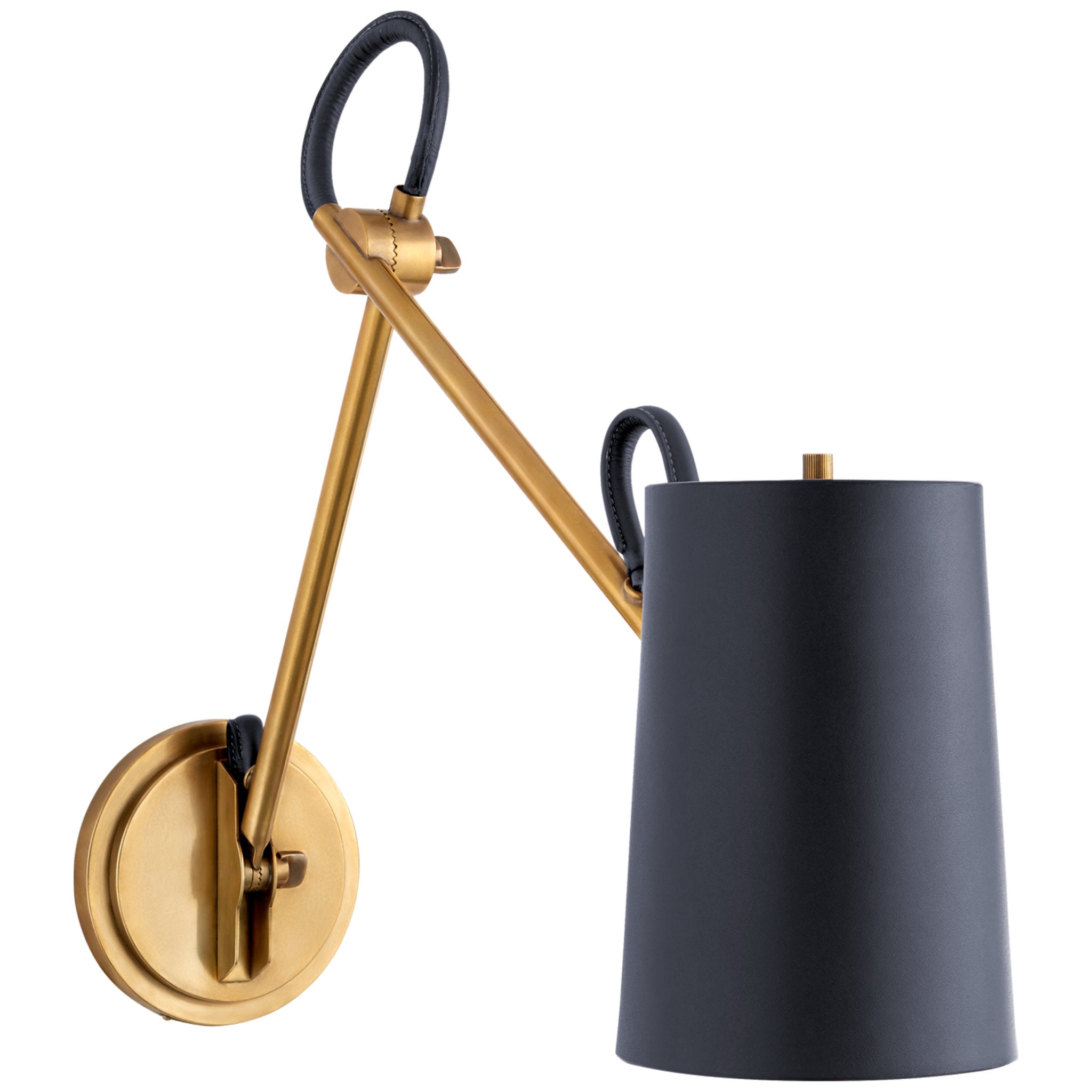 Ralph Lauren Benton Double Library Sconce in Natural Brass with Navy Leather Shade Wall Light W5" x H7" - 14.5"