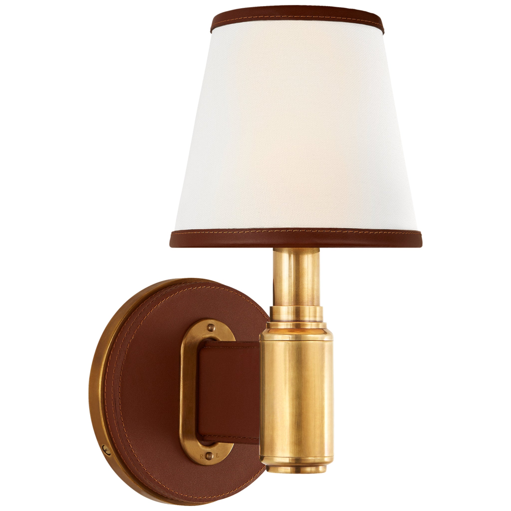 Ralph Lauren Riley Single Sconce in Natural Brass and Saddle Leather with Leather Trimmed Linen Shades Wall Light W6" x H12.25"