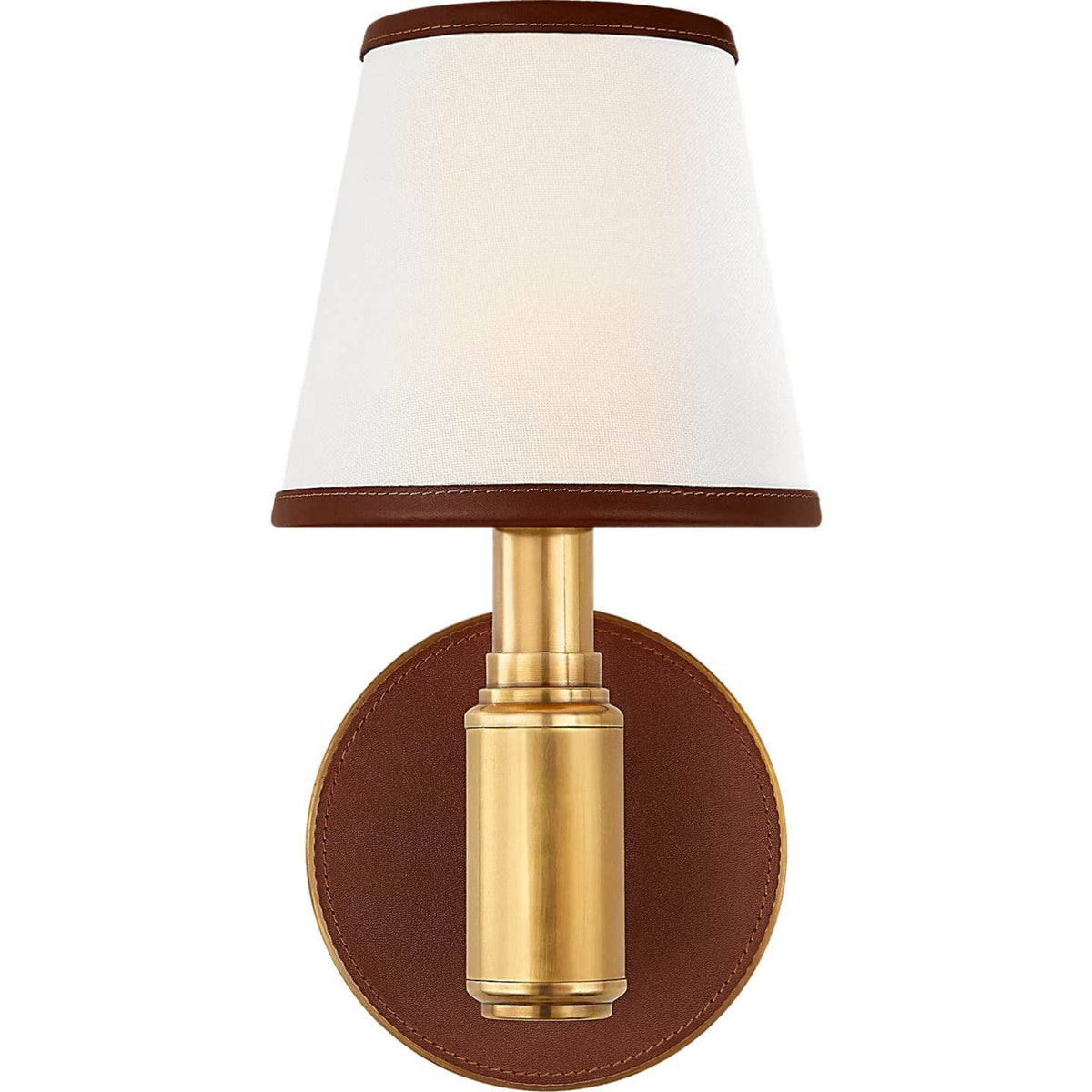 Ralph Lauren Riley Single Sconce in Natural Brass and Saddle Leather with Leather Trimmed Linen Shades W6" x H12.25" x E7.75"