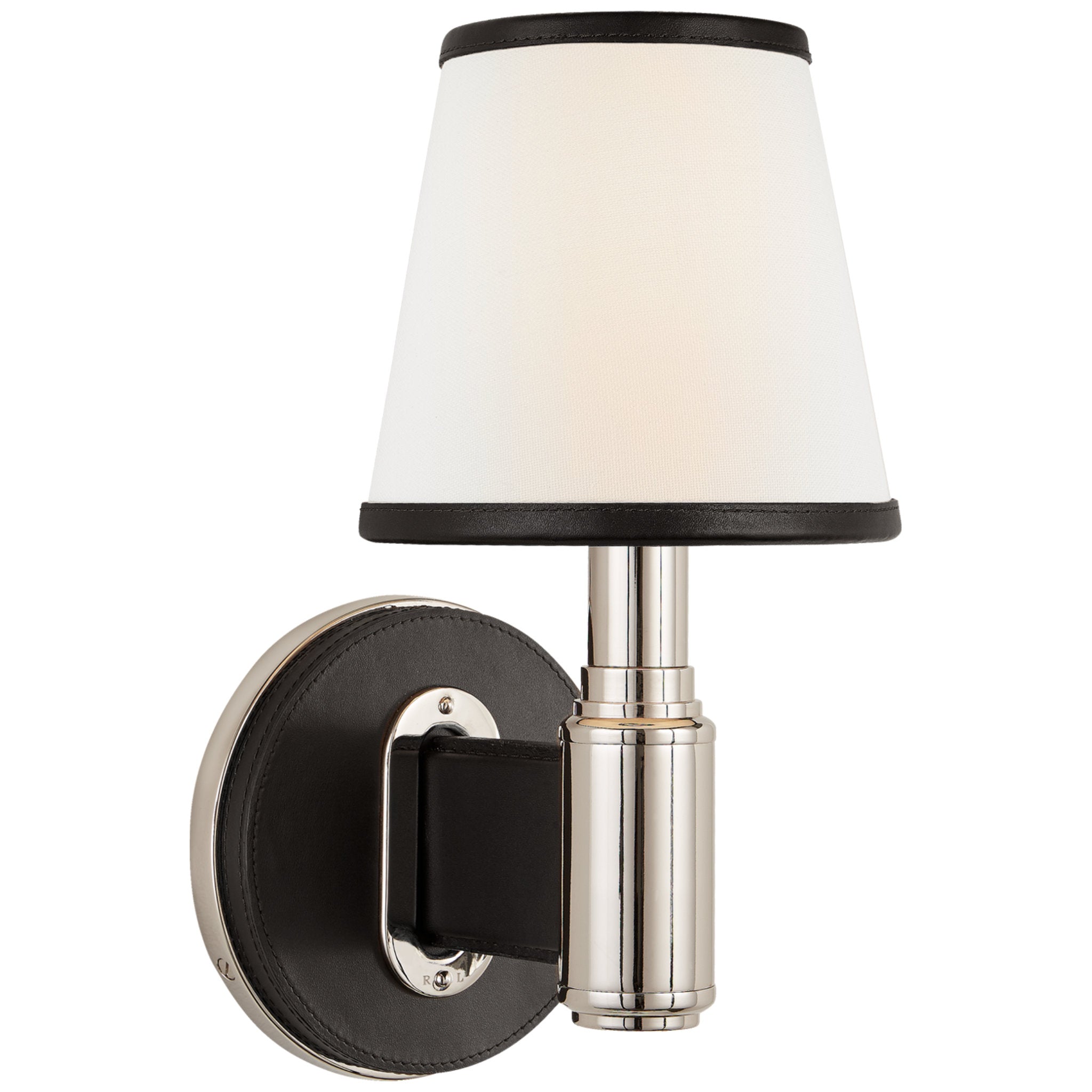 Ralph Lauren Riley Single Sconce in Polished Nickel and Chocolate Leather with Leather Trimmed Linen Shades Wall Light W6" x H12.25"