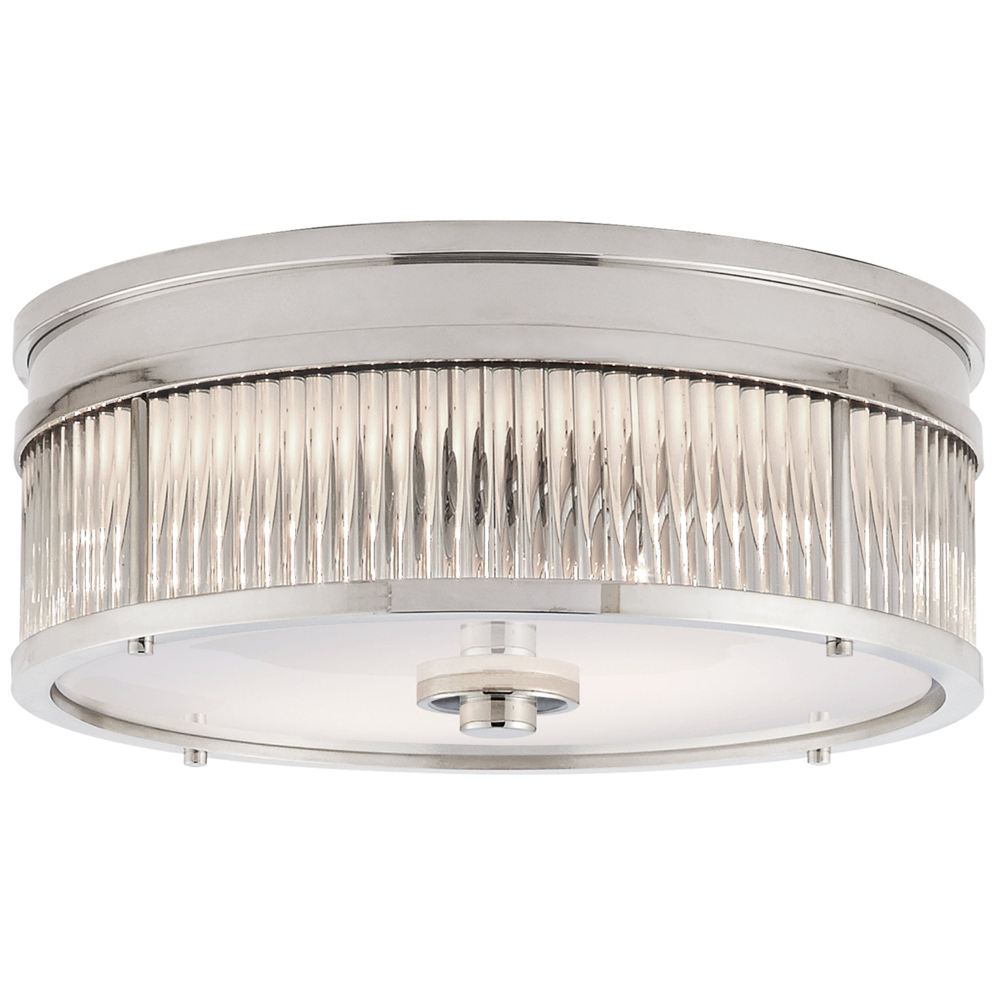 Ralph Lauren Allen Small Round Flush Mount in Polished Nickel and Glass Rods with White Glass Ceiling Light W12" x H4.5"