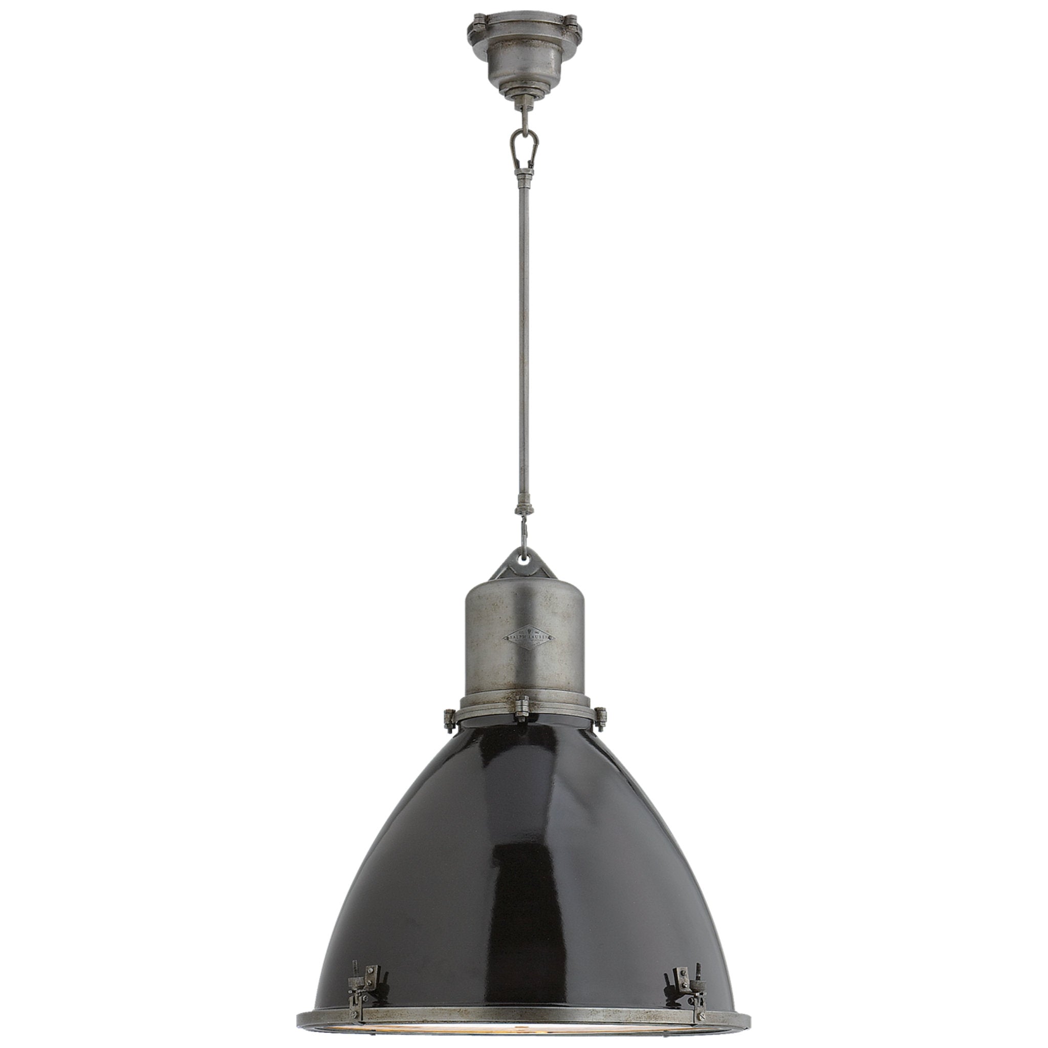 Ralph Lauren Fulton Large Pendant in Industrial Steel with Black Enamel Shade Ceiling Light W22"