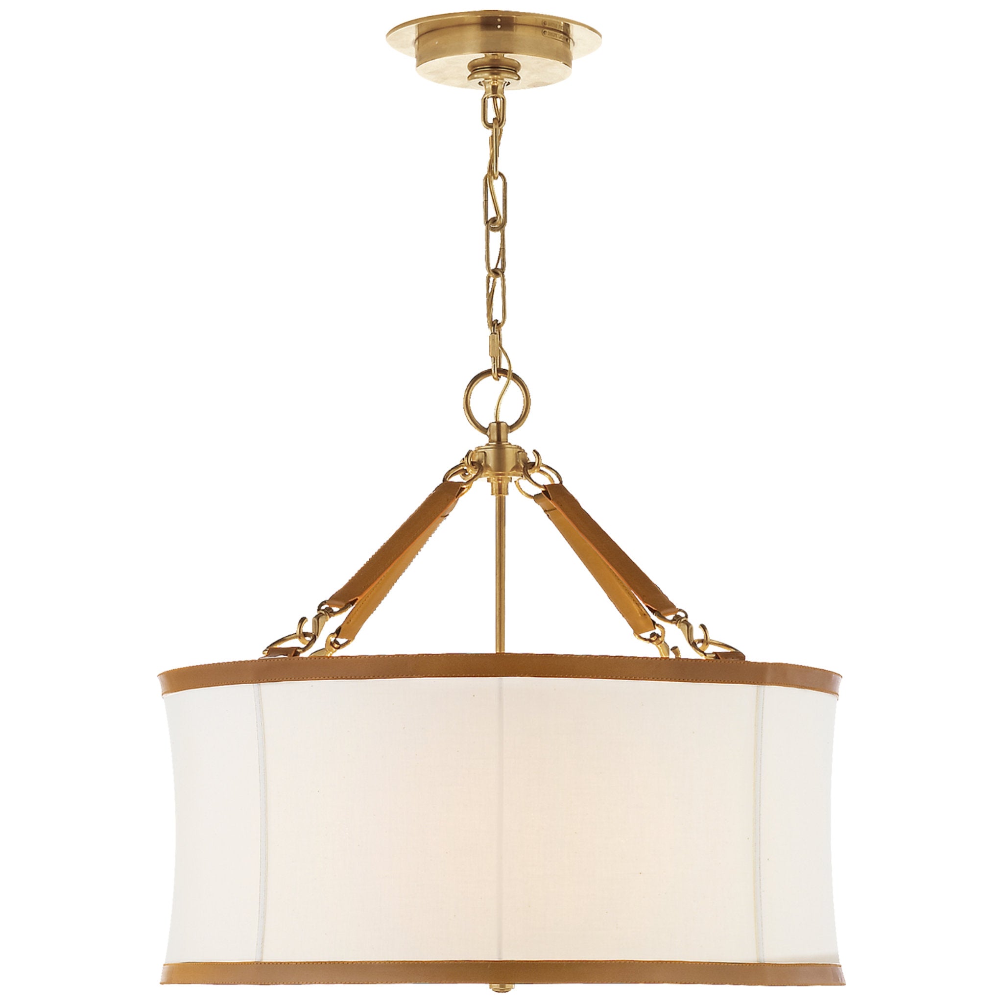 Ralph Lauren Broomfield Small Hanging Shade in Natural Brass and Saddle Leather with Linen Shade Ceiling Light W24" x H22.25"