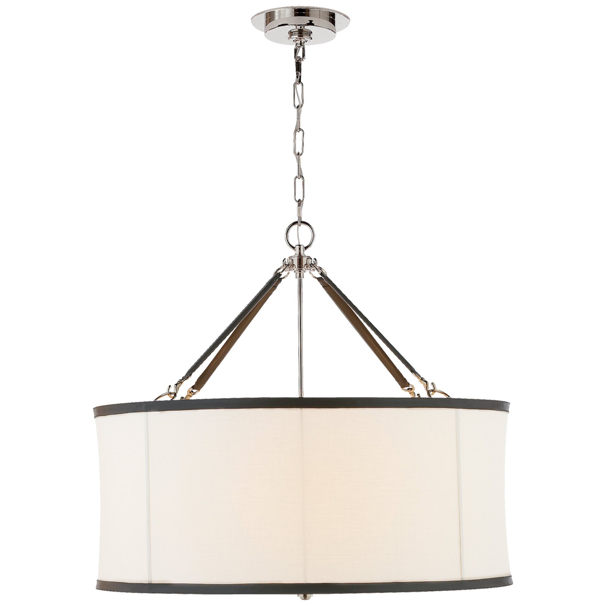 Ralph Lauren Broomfield Large Hanging Shade in Polished Nickel and Chocolate Leather with Linen Shade Ceiling Light W32" x H28.25"